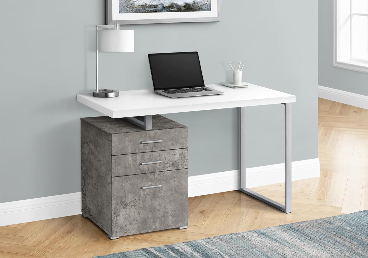 Monarch Specialties I 7648 Computer Desk, Home Office, Laptop, Left, Right Set-up, Storage Drawers, 48" L, Work, Metal, Laminate, Grey, White, Contemporary