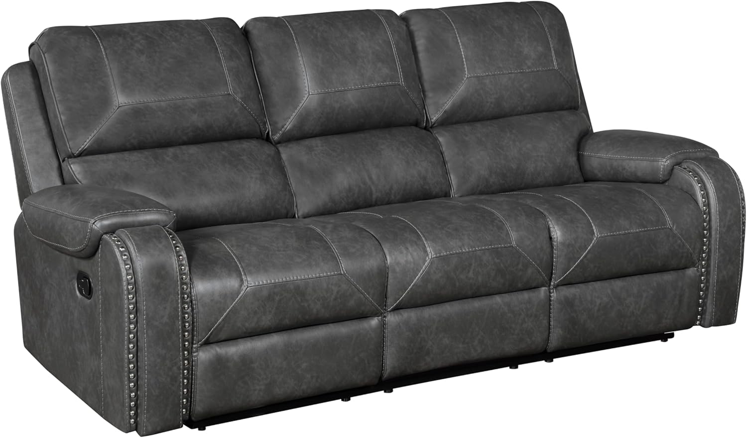 Lexicon Modern Double Recliner Sofa, Faux Leather Reclining Sofa with Nailhead, Center Drop-Down Cup Holders, Receptacles, USB Ports, Manual Recliner Couch Sofa for Living Room/Office/Apartment, Grey