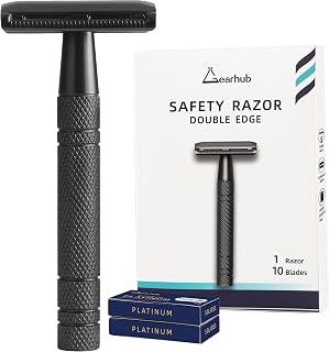 Gearhub Double Edge Safety Razor Reusable Stainless Metal Wet Shaving Razor with 10 Swedish Platinum Blades for Men Women Barber Bikini Armpit Hair, Matte Black GRB2D