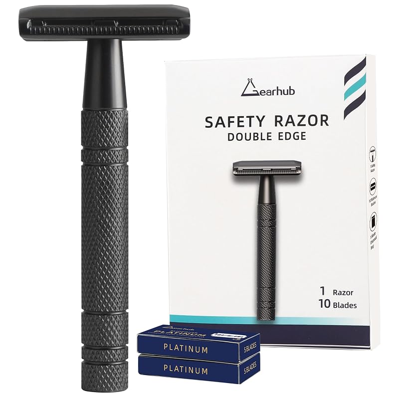 Aparelho de Barbear de Segurança Gearhub GRB2D com Lâmina Dupla e 10 Lâminas Suecas, Aço Inoxidável, Preto Fosco