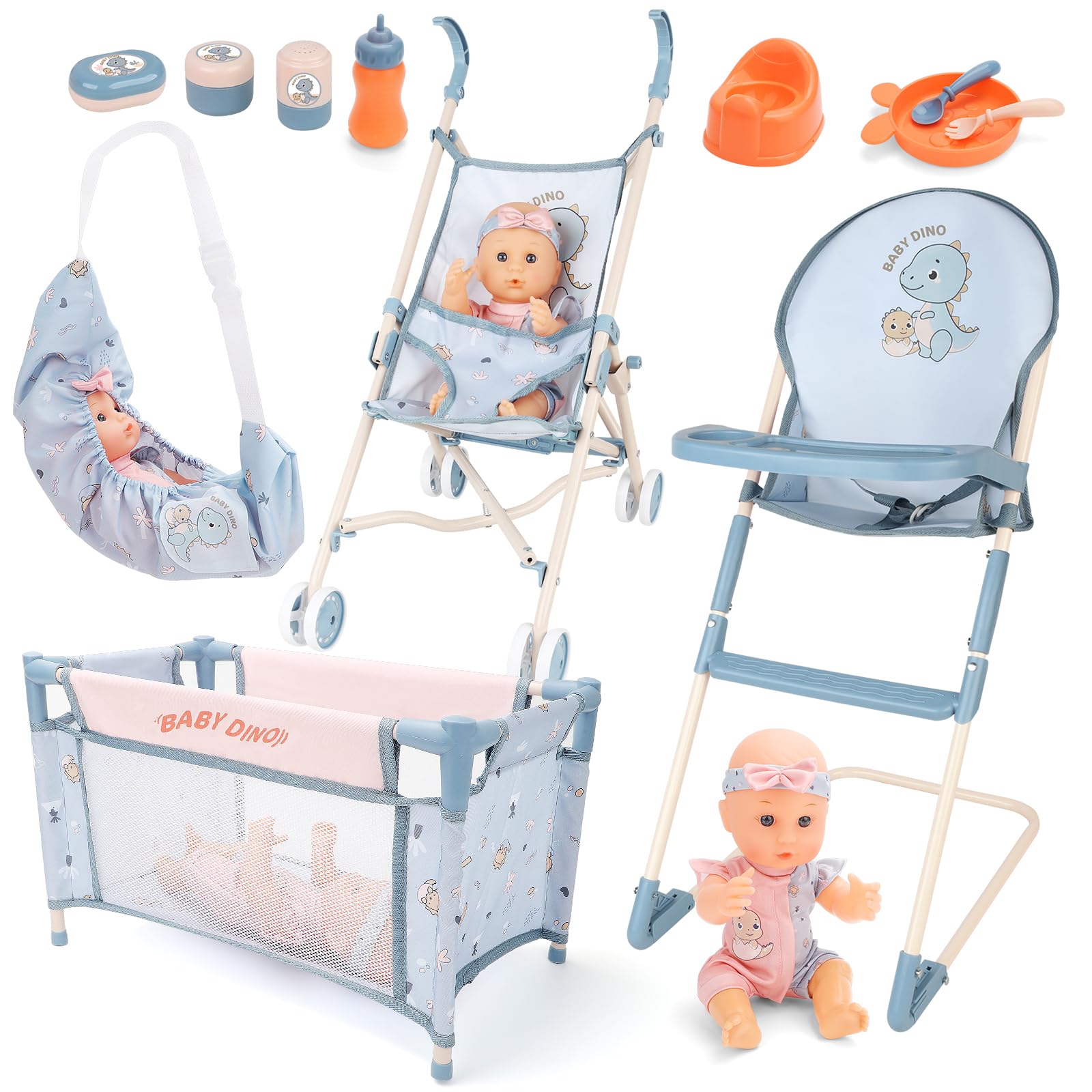deAO Set de Accesorios para Muñecas - con 30CM Muñeca, Cochecitos Plegable, Tronas, Cunas, Bolsa para Guardar, Vajilla - Juguetes para Juegos de rol, Regalo Ideal para Niñas a Partir de 3 Años
