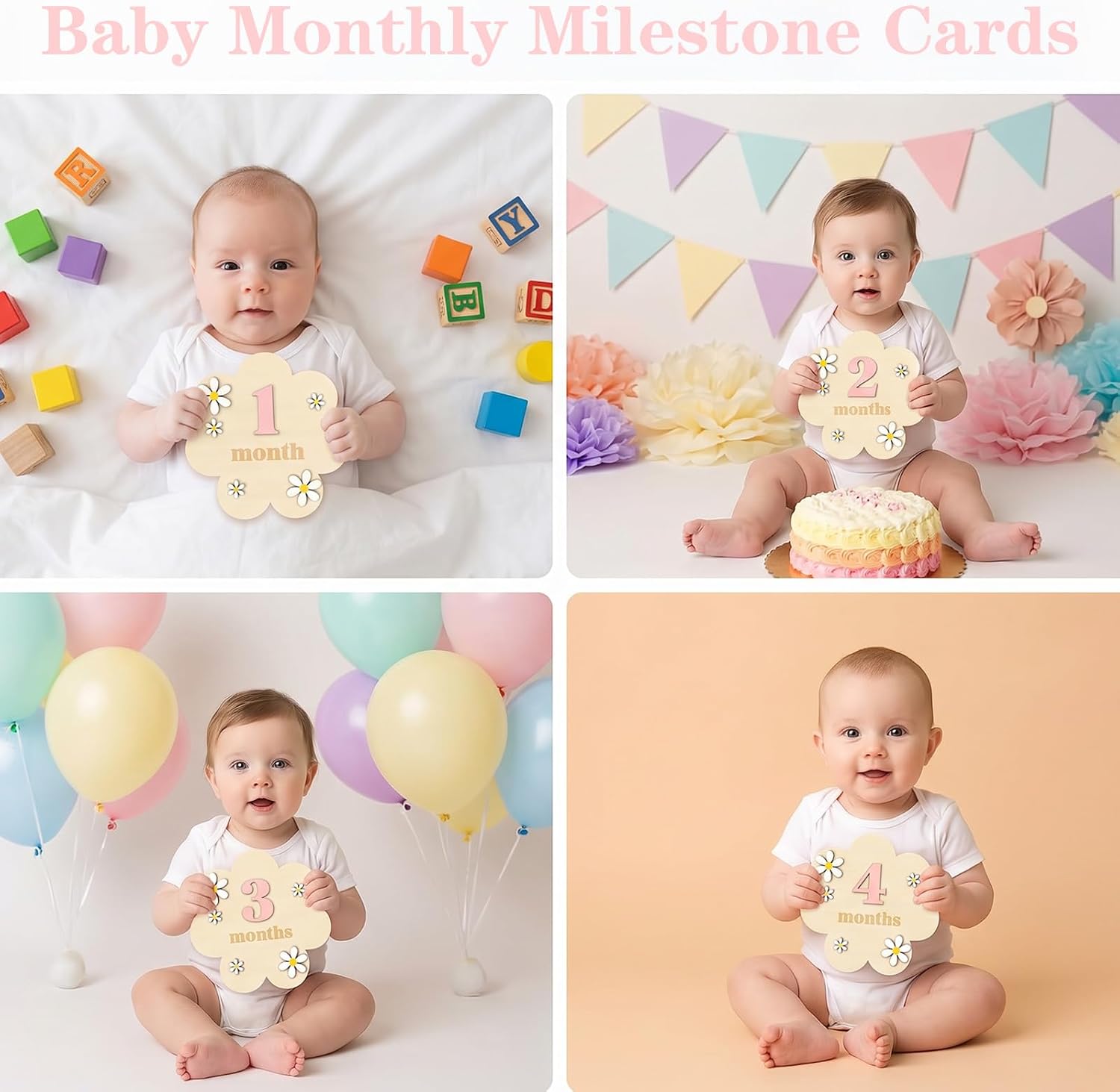 Wooden Daisy Baby Monthly Milestone Sign, 1-12 Months Milestone Cards with Interchangeable Numbers, Newborn Monthly Photo Props for Nursery Decoration, Baby Announcement Sign