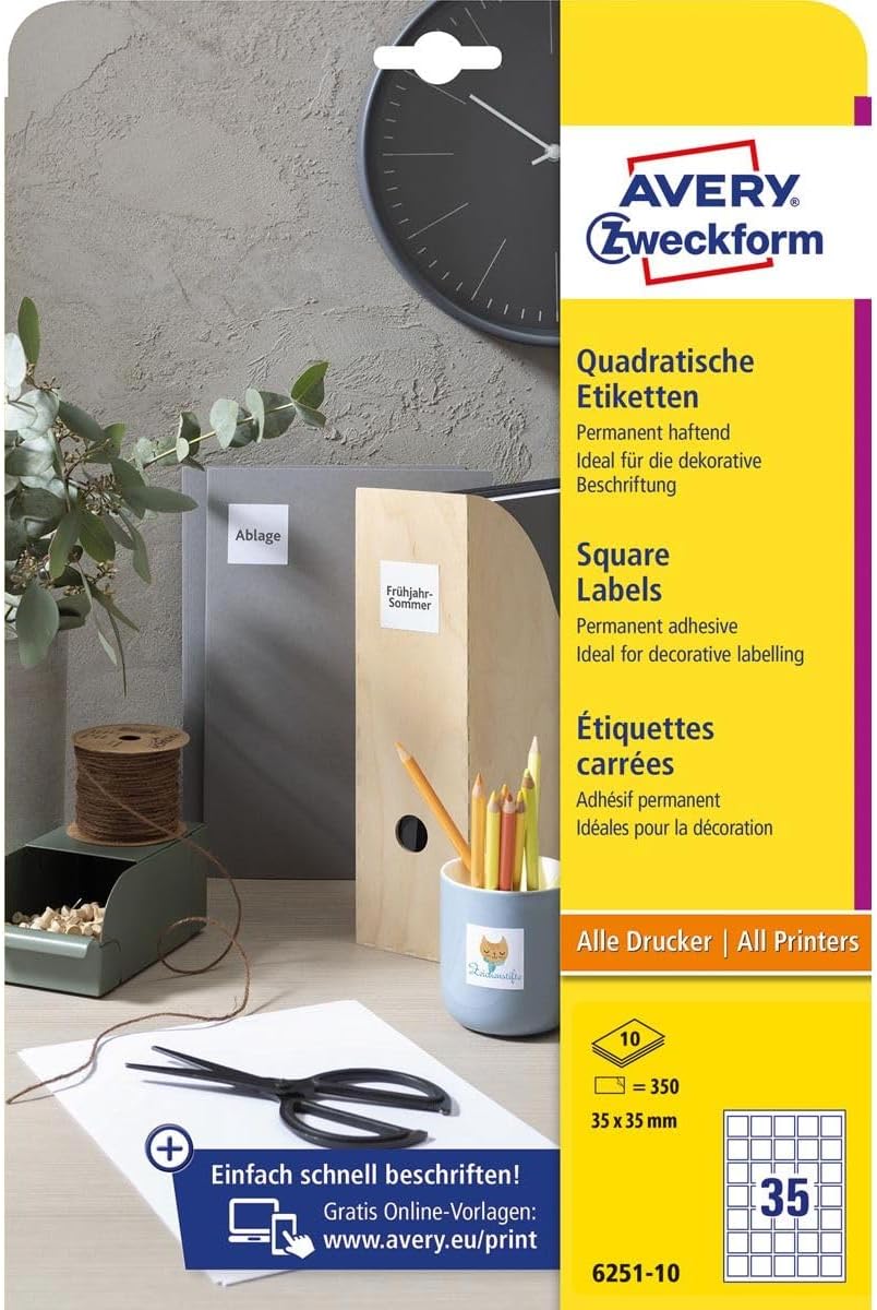 AVERY Zweckform 6251-10 Square Labels (350 Adhesive Labels, 35 x 35 mm on A4, QR Code Stickers for Printing, Self-Adhesive, Permanent Adhesive QR Code Labels), 10 Sheets, White