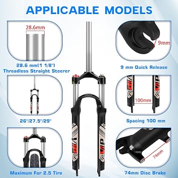 26 27.5 29 MTB Fork Suspension Travel 100mm Straight Tube QR 9mm | Crown Lockout Aluminum Alloy XC Mountain Bike Front Forks Shock Absorber Replacement Accessories for Road Trail Riding