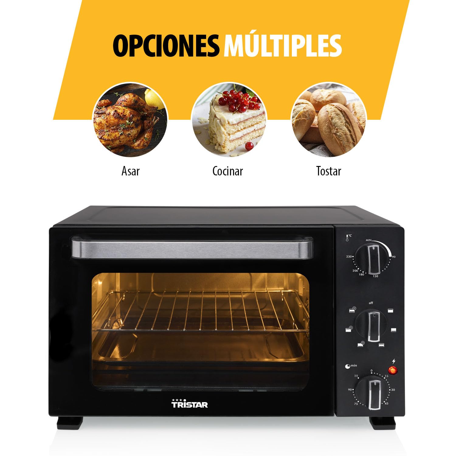 Tristar Horno de Convección, 27L Capacidad, 1500W, 6 Funciones, Temporizador 90 Min, Termostato 90–230 °C, Puerta Doble Cristal, Luz Interior, Accesorios Incluidos, OV-3627