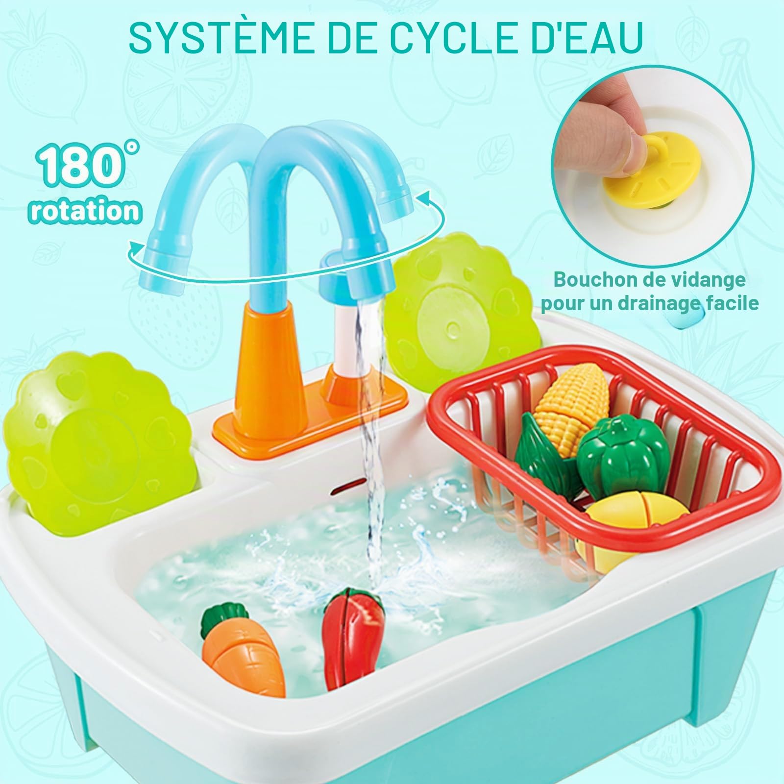 deAO 28 Pièces Évier de Cuisine Jouet pour Enfants avec Eau Courante,Incluant Vaisselle, Fruits,Vaisselle et Légumes Simulation,Jeu de Rôle Jouet d'Imitation pour Garçons Filles 3-12 Ans