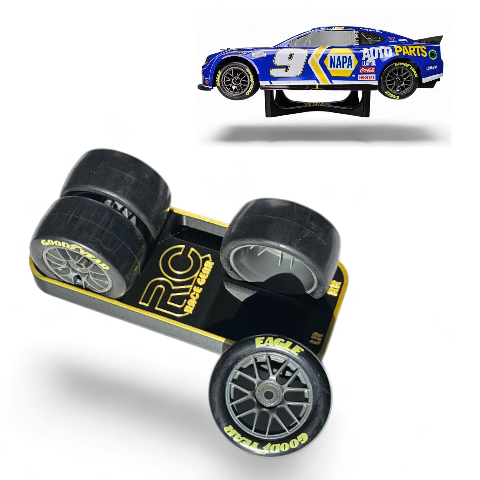 RC Race Gear - Tire Rack with Lug Nut Holder – Compatible with Losi NASCAR 1/12 Scale RC Car