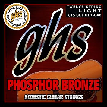 GHS Strings 615 12-String Set Phosphor Bronze Acoustic Guitar Strings, Light, 11-48