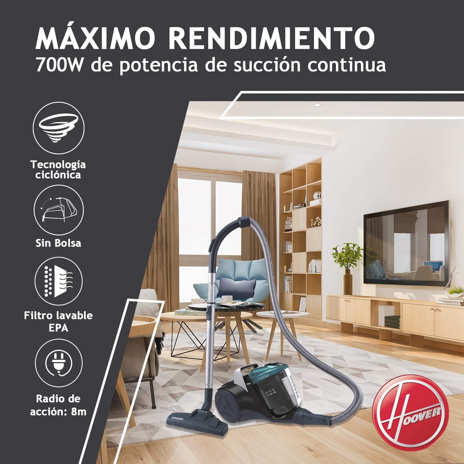 Hoover Breeze BR71_BR30 - Aspiradora sin Bolsa Trineo, Especial Pelo Mascotas, Cepillo Parquet y Accesorio 2en1, Depósito 2L, Diseño Compacto, Ciclónico, 700W, Filtro Epa, 78dba, Cable 5m