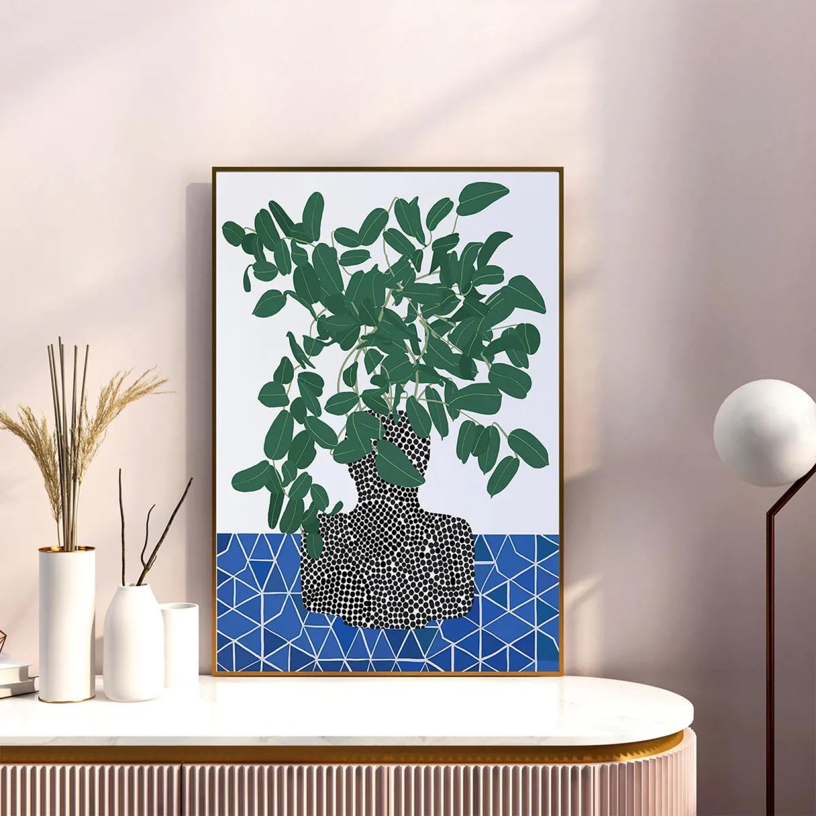 Tableau abstrait vase à feuilles vertes pour deco murale moderne