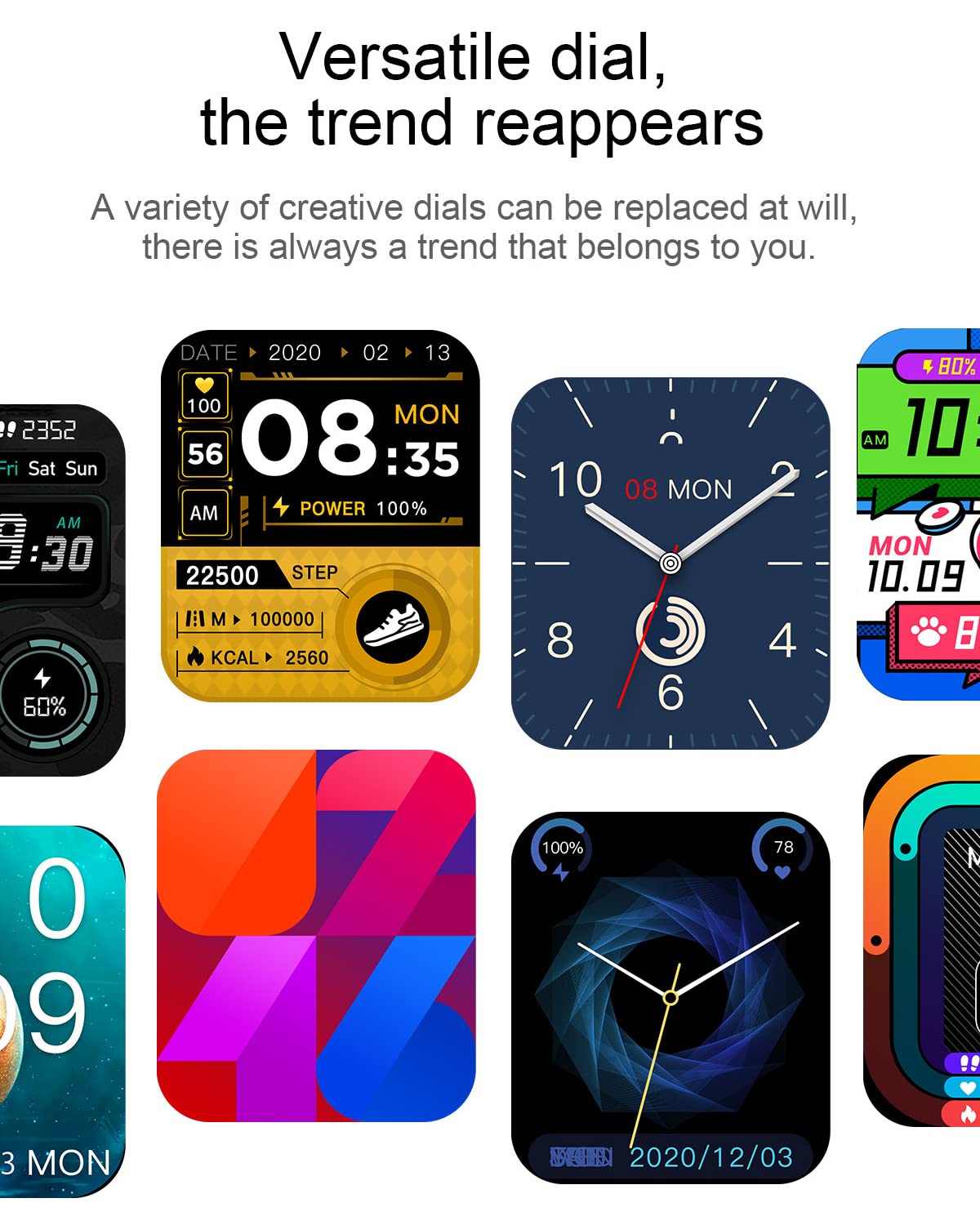 Grid of various watch faces available for the Smart Watch H20