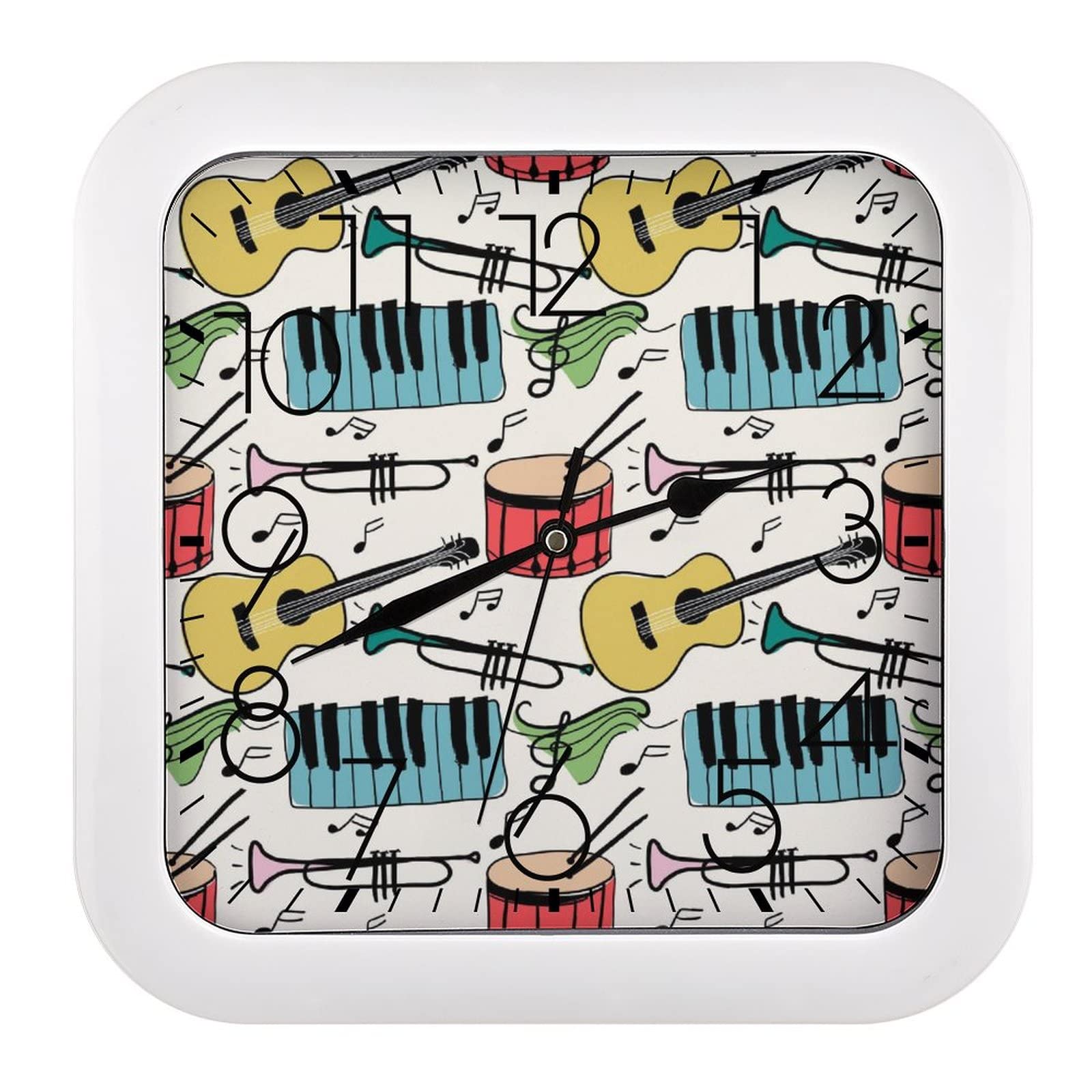 Horloge carrée piano guitare tambour à grands chiffres 26x26cm