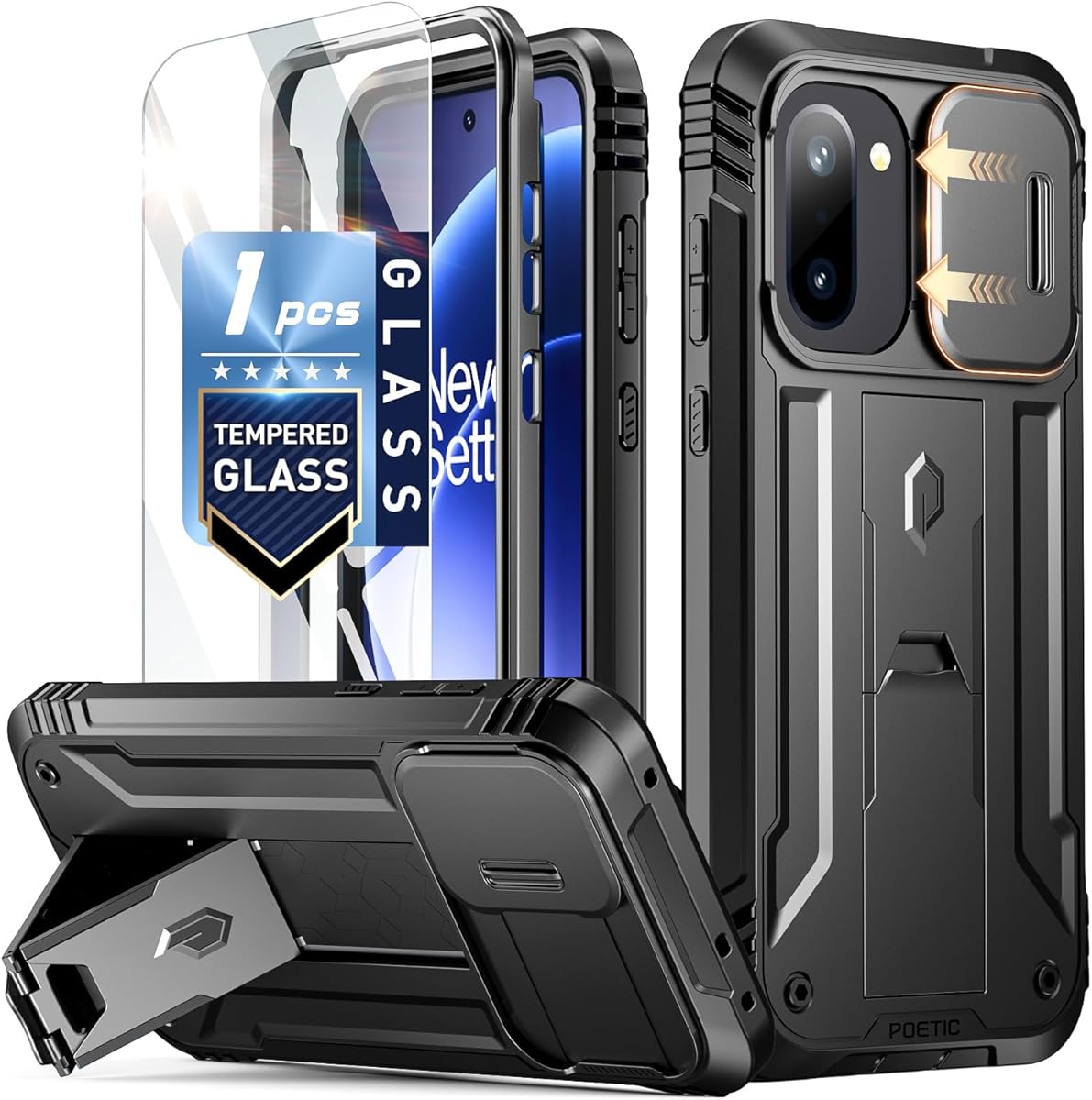 POETIC Revolution Schutzhülle für OnePlus 15R 5G, [Schiebekameraabdeckung], [Falltest aus 6 Metern Höhe nach Militärstandard], robuste, stoßfeste Ganzkörperhülle mit Ständer, Schwarz