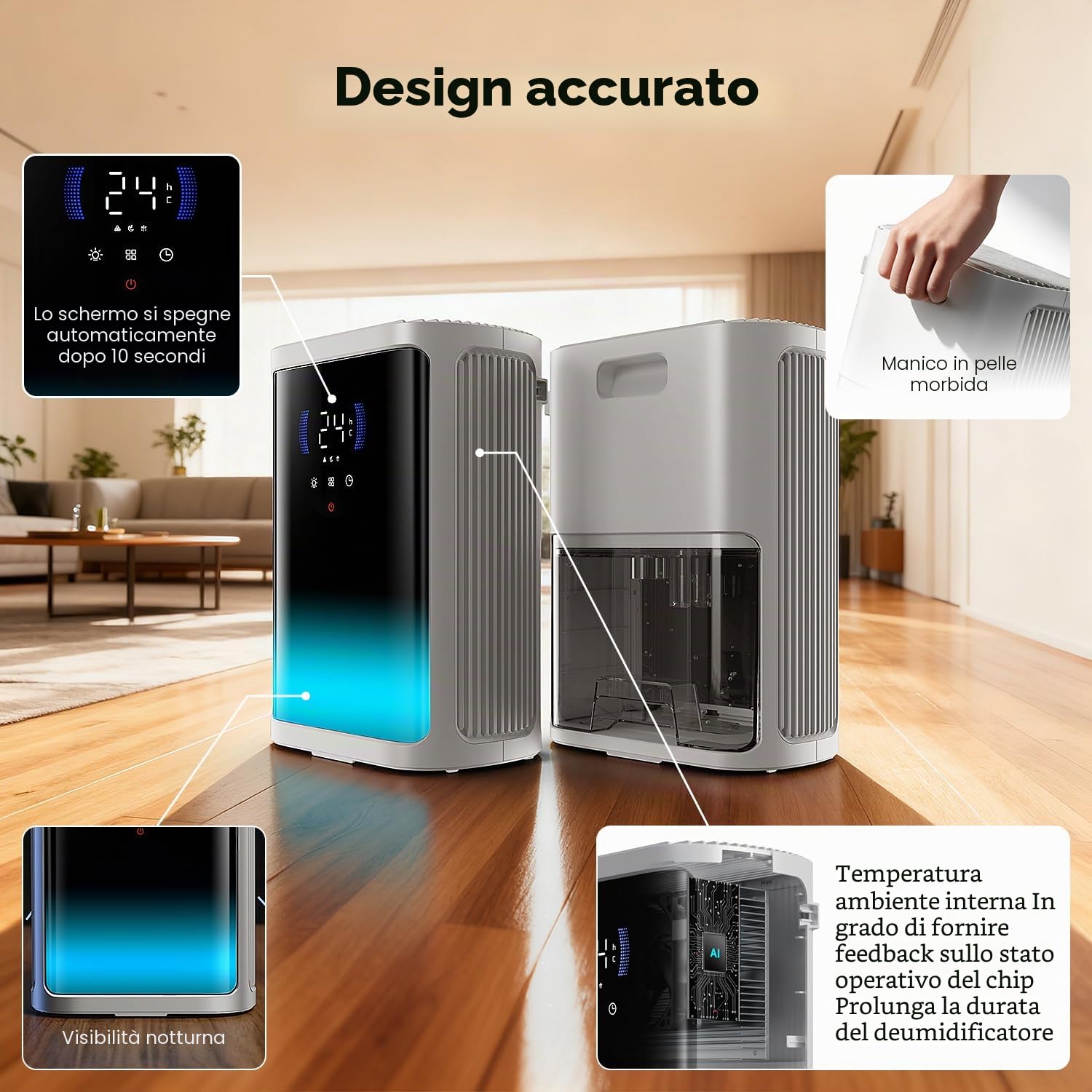 Deumidificatore Casa Muffa 3000ML,Silenzioso Timer 6/8/12 Ore (Bianco) | silenzioso, rilevamento termico, scongelamento intelligente, schermo HD pannello completo,per bagno, camera, armadio