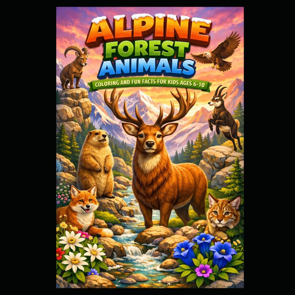 Alpine Forest Animals: Coloring & Fun Facts for Kids Ages 6-10 | 50 Cute Mountain Wildlife Illustrations to Color and Learn