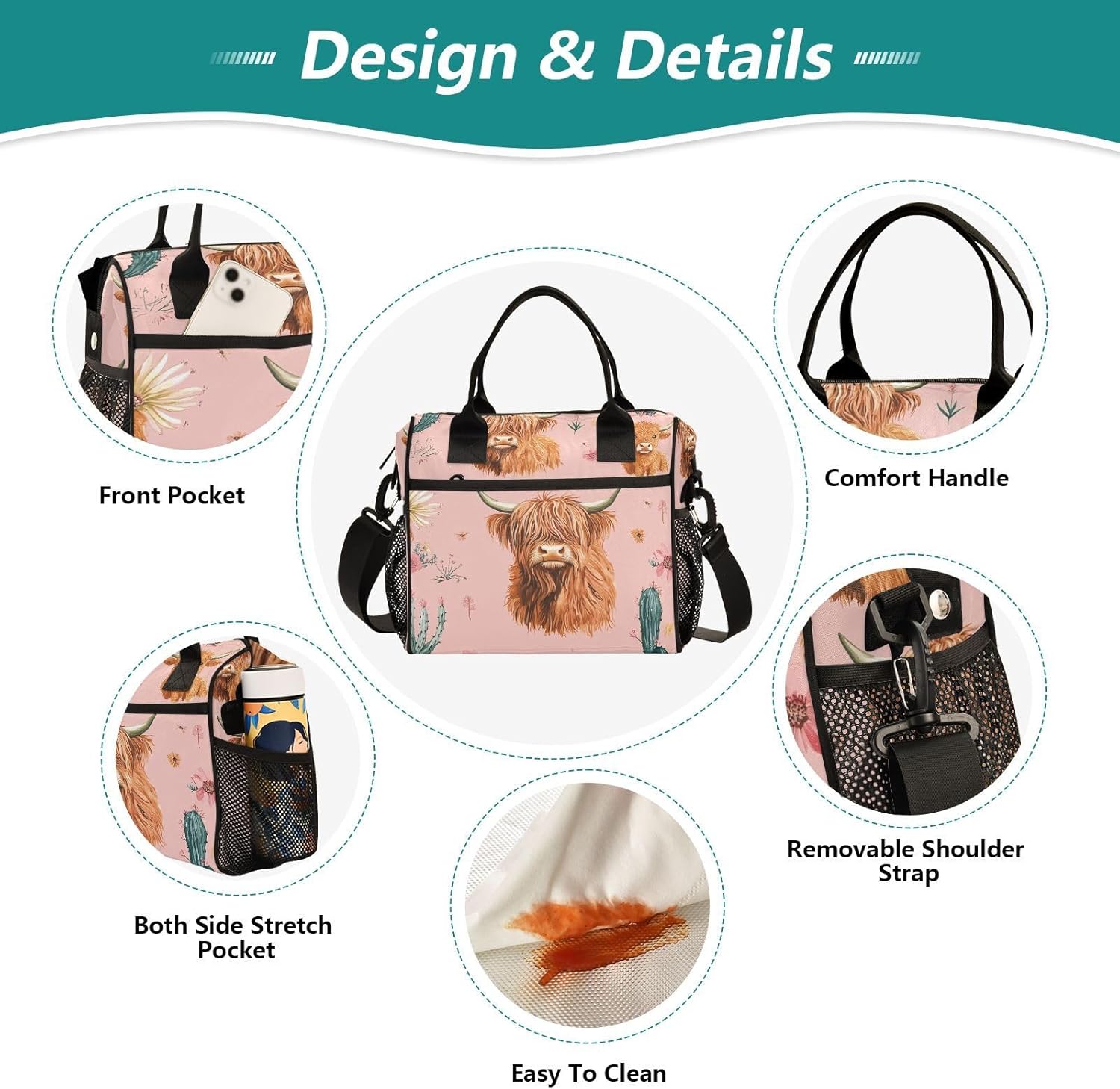 Highland Cows Pattern Floral Cactus Lunch Bag Reusable Lunch Box for Office Picnic Hiking Beach, Insulated Cooler Tote Food Container with Adjustable Shoulder Strap for Men Women Adults
