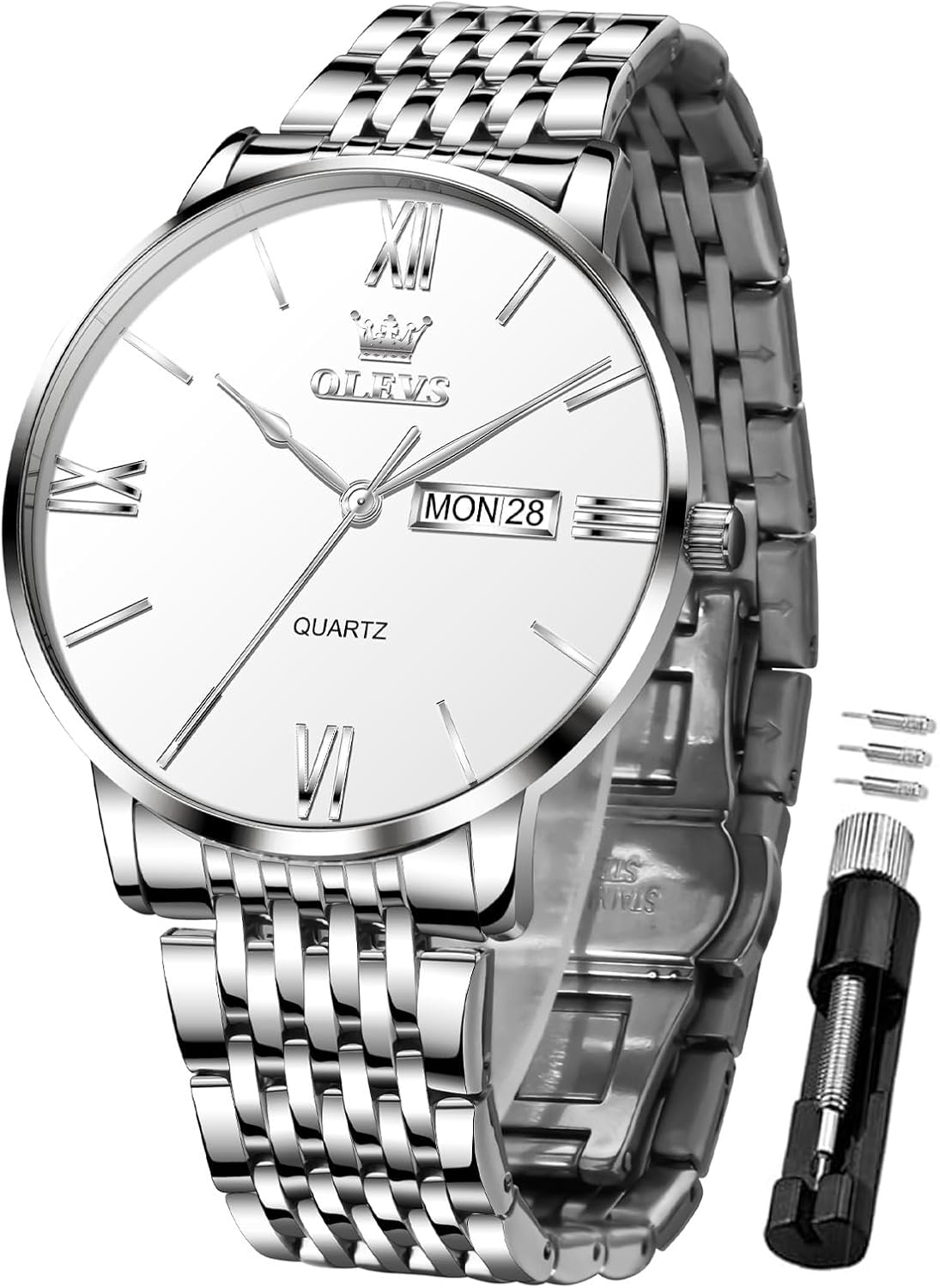 OLEVS Men’s Watches Waterproof Dress Minimalist Analog Quartz Stainless Steel Casual Men’s Wrist Watch with Day Date, Classic Luxury Elegant Roman Numerals Dial Big Face Relojes para Hombres