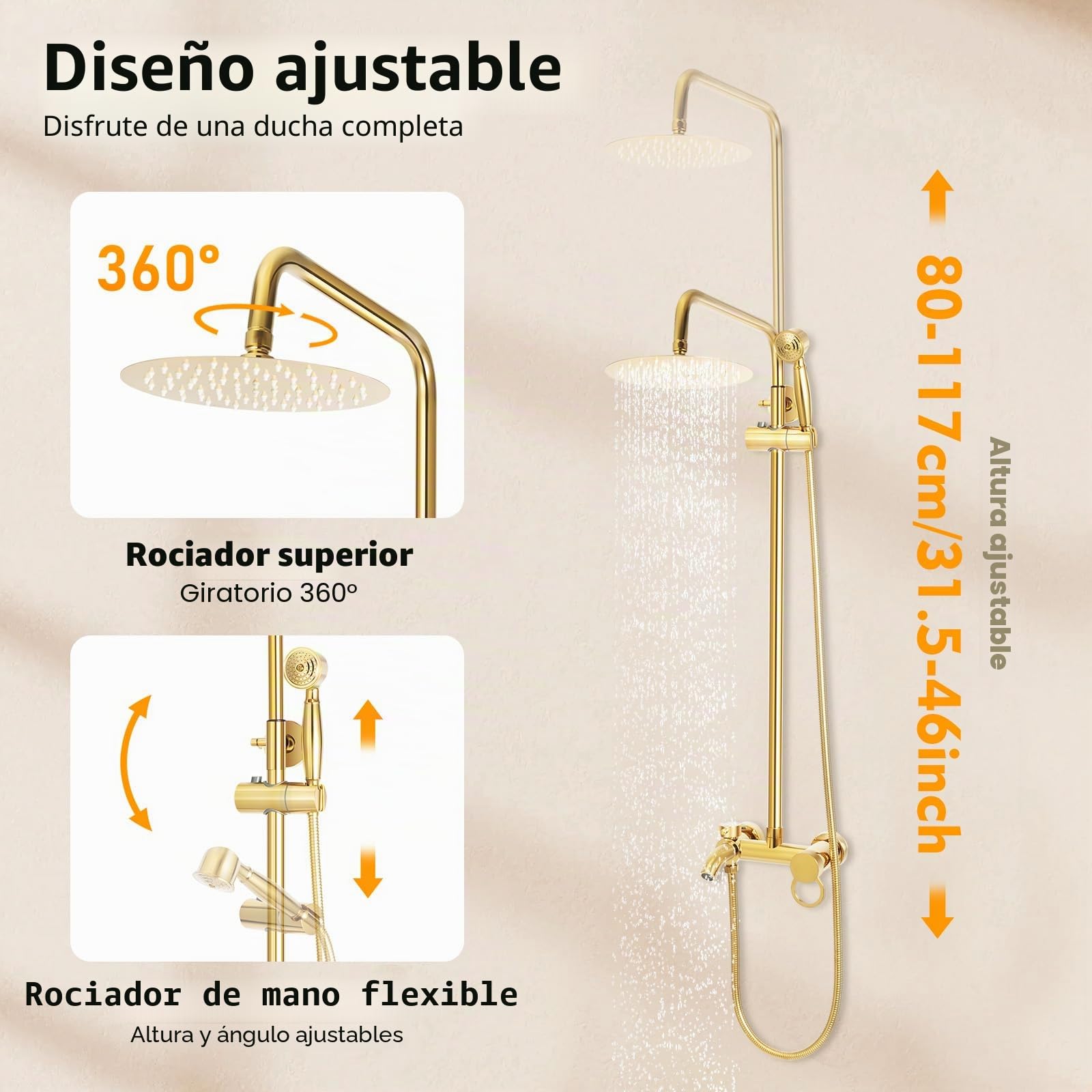 Set de ducha de columna, en latón envejecido, con ducha de mano de latón, en estilo retro, altura regulable 80 ~ 117 cm, montaje en pared