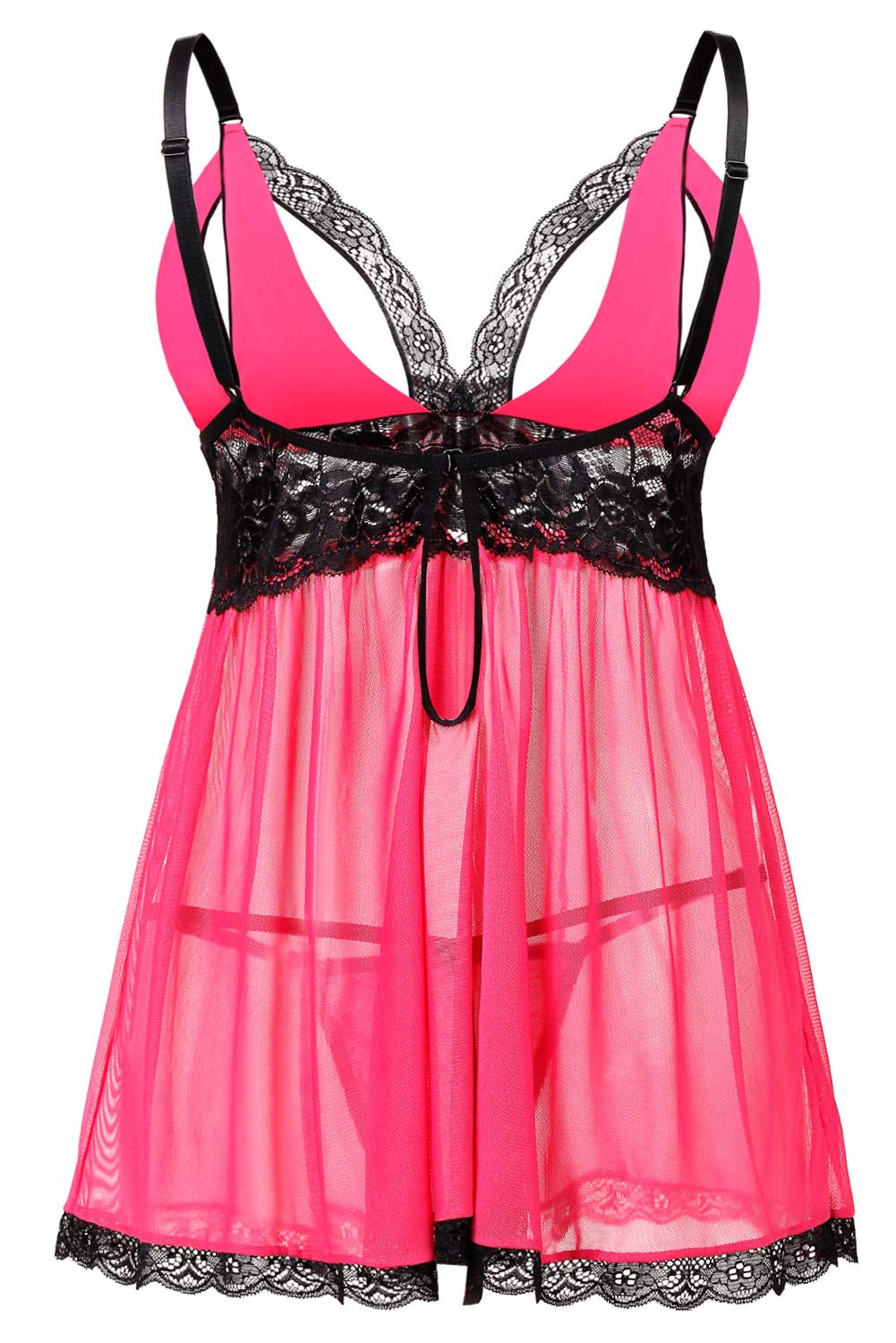 Donnalla Plus Size Babydoll Lingerie Set for Women Sexy Mesh Lace Nightwear Adjustable Straps V Neck Chemise with Panty: Medium Pink