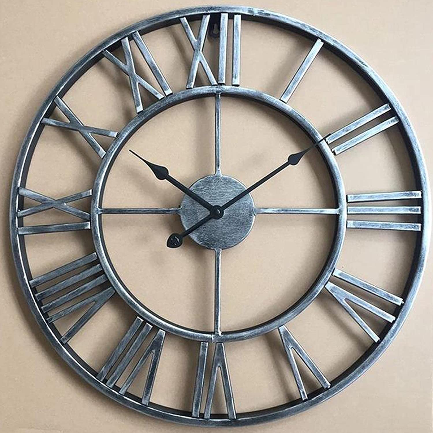 XJBTBA Vintage duży zegar ścienny okrągły metalowy cichy, nie tykający na baterie cyfry rzymskie zegary do domu, biura, wnętrz, zegar ogrodowy na zewnątrz 60CM złoty