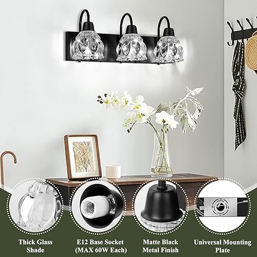 Miniatura 5 de Lámparas de baño de 3 luces, modernas luces de tocador de baño negras con pantalla de cristal de flores, lámpara de pared de baño para espejo,