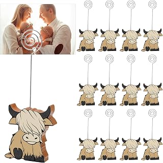 12Pcs Highland Cow Table Number Holders Rustic Cattle Wooden Place Card Holder Name Card Number Sign Display Stand for Birthday Baby Shower Table Setting