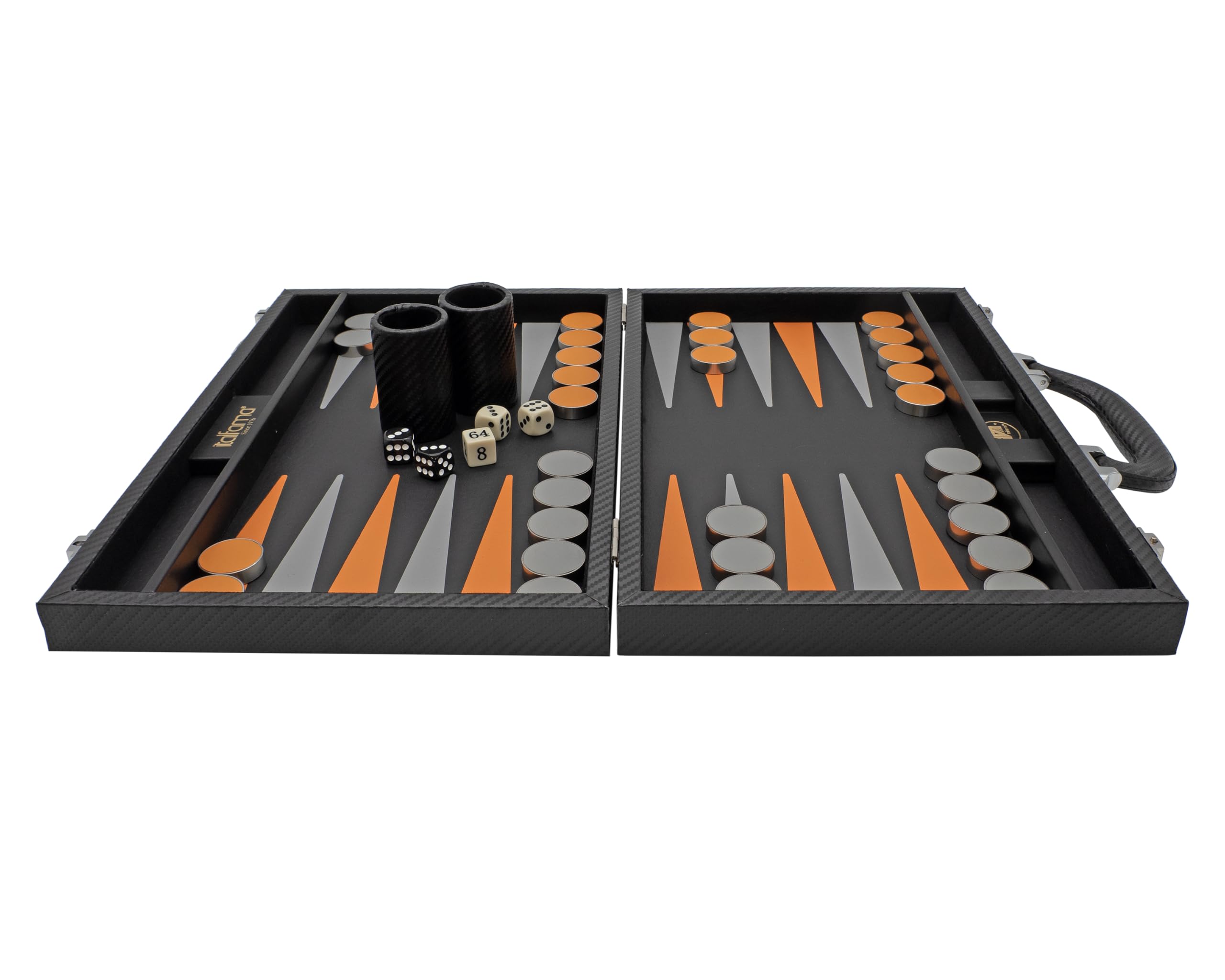 Backgammon pieghevole in similpelle nero e arancione