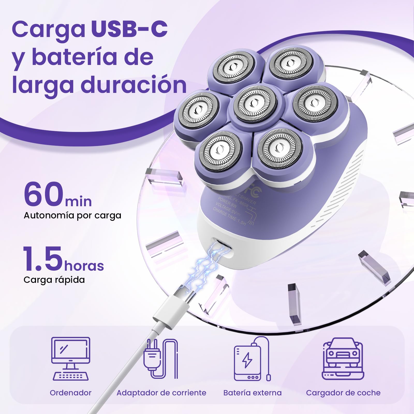 VIKICON Afeitadora Electrica Mujer 7D, Rasuradora Mujer Recargable USB | Afeitadora Corporal para Piernas y Cuerpo, Cabezal Flotante, Seco/Mojado, Luz LED, Compacta para Viaje, Morado