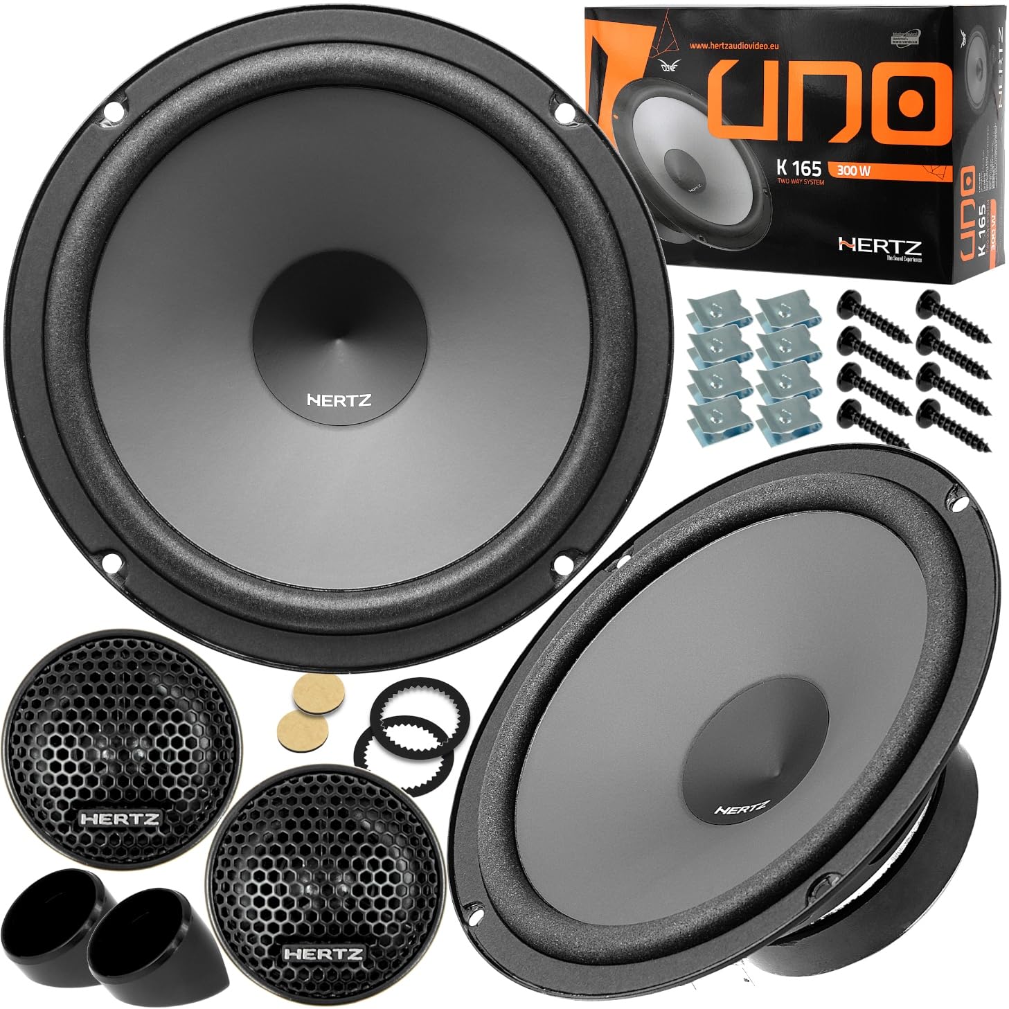 Kit 8 Casse Altoparlanti per Alfa Romeo Giulietta dal 2010 al 2020 compatibile con Hertz K165 Anteriori e Posteriori + 4 Anelli Adattatori da 165mm + 2 Cp Connettori (no plug and play)