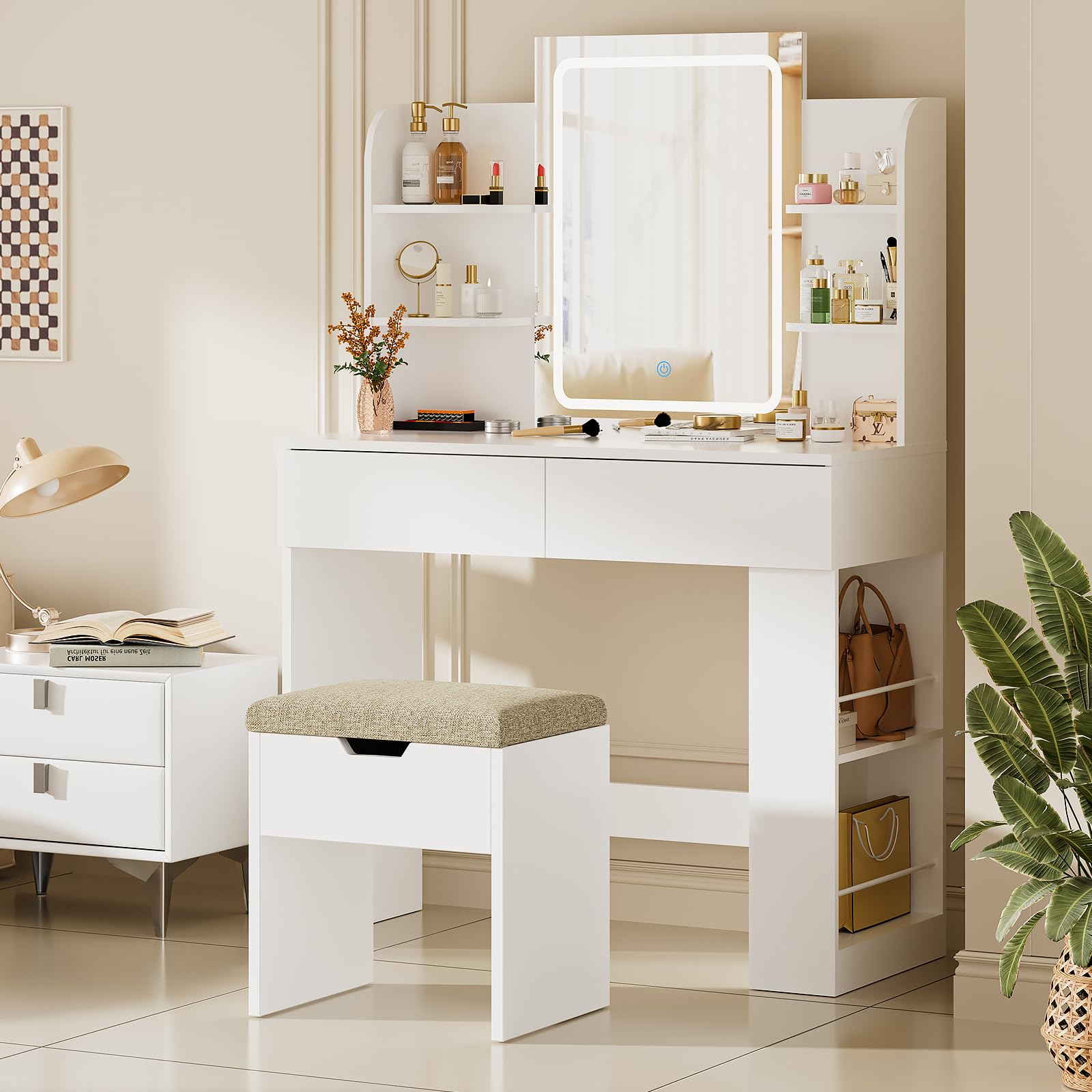 TRIUMPHKEY Taburete de Tocador con Almacenaje, Taburetes de Maquillaje, Silla Tocador de Maquillaje para Dormitorio, Reposapiés con Almohadilla Taburete Tapizado Moderno, Blanco