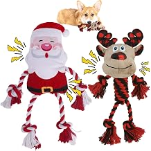 PAWCHIE Dog Christmas Toys 2 Pack,Squeaky Chew Dog Toy Interactive Puppy Toys,Soft Pet Plush Teething Pet Rope Toys Santa Claus Reindeer Shape for Boredom, for Small Medium Dogs,Red