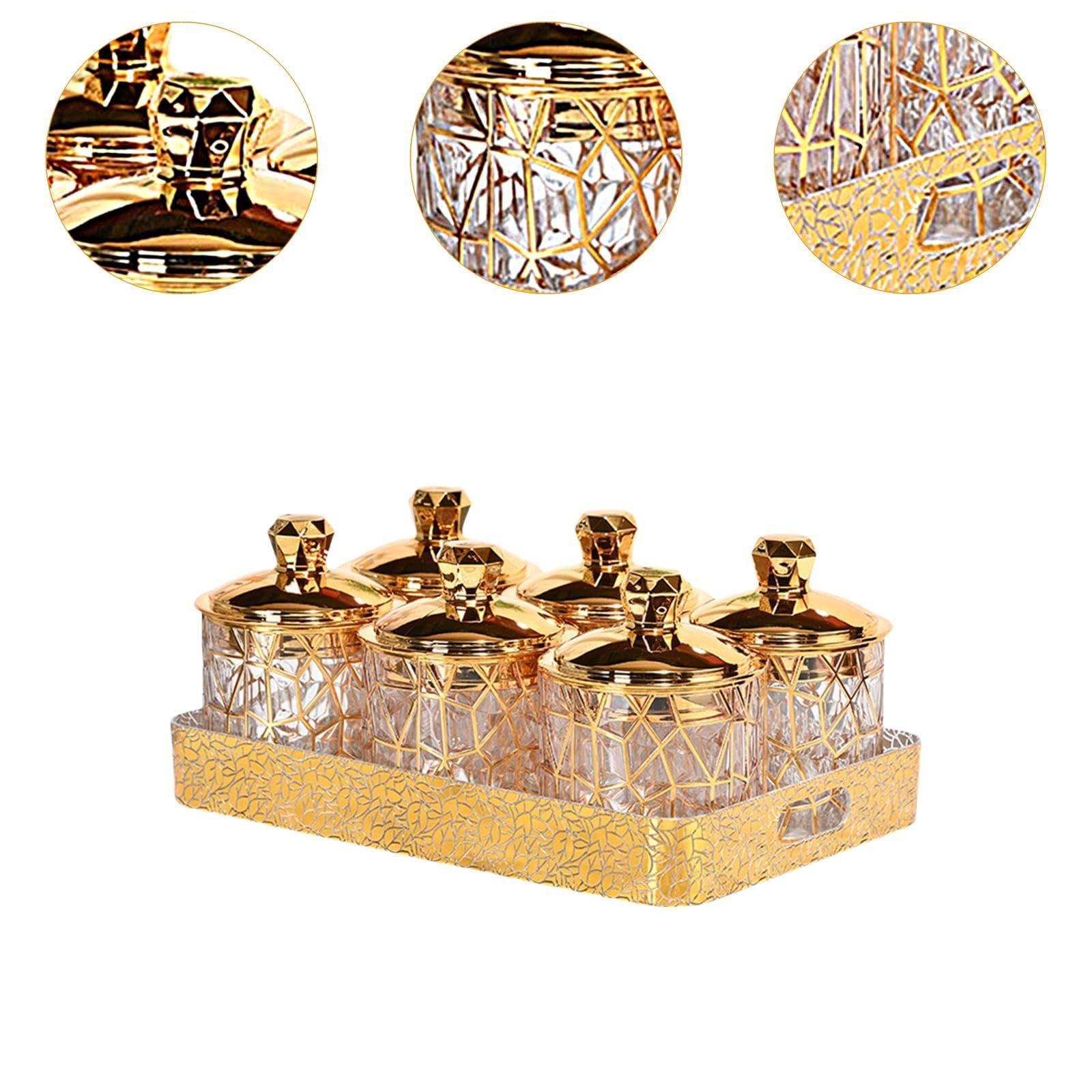 Ensemble de 6 Bocaux Décoratifs Transparents Dorés avec Couvercles, Hermétiques, pour La Conservation Des Fruits Secs et Des Noix.