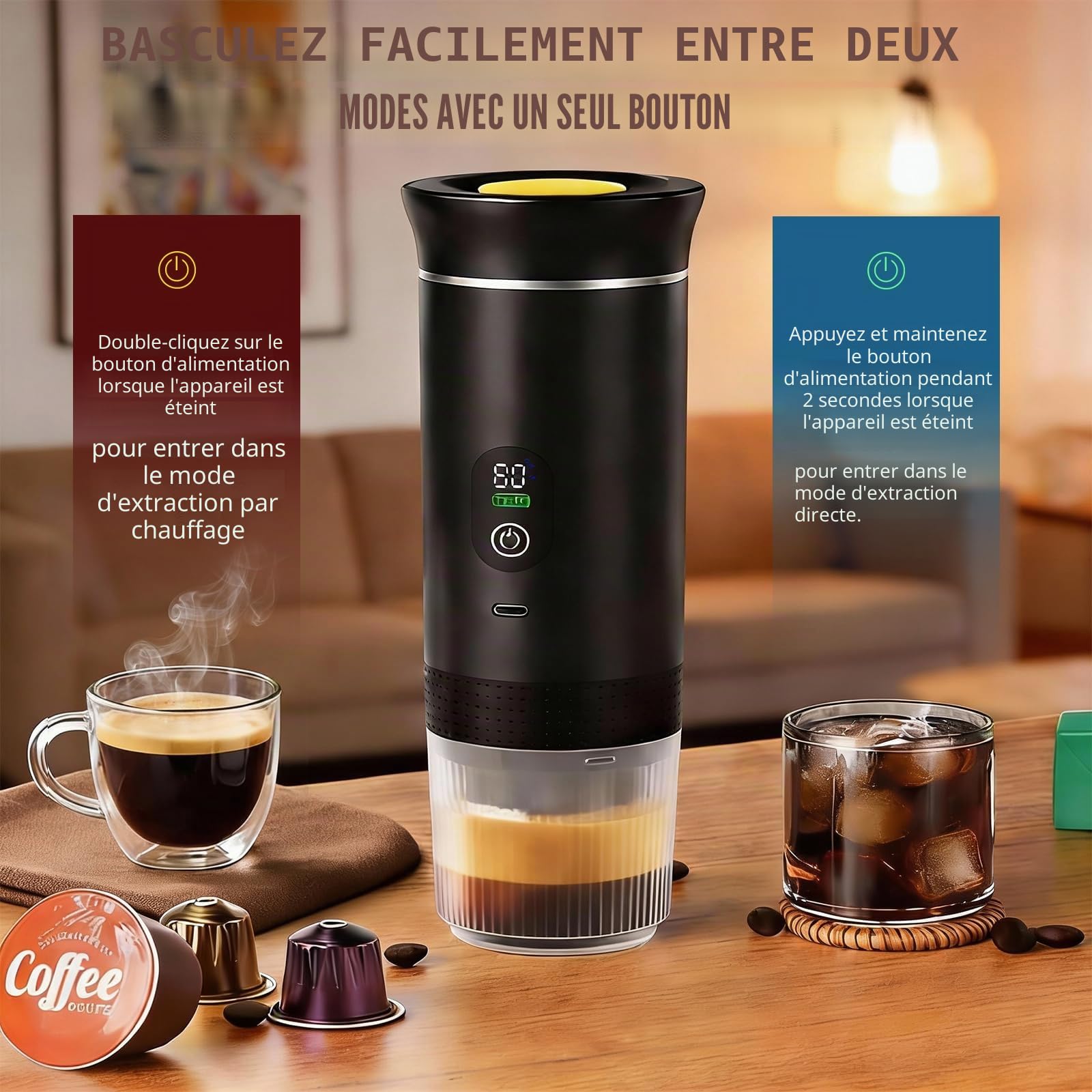 Machine à Cafe Portable, Cafetiere Portable Rechargeable, Auto-Chauffante Mini Expresso Machine à Café Capsules, Charge USB-C, Compatible avec Café Moulu et Capsules NS pour Camping, Voyages, VR