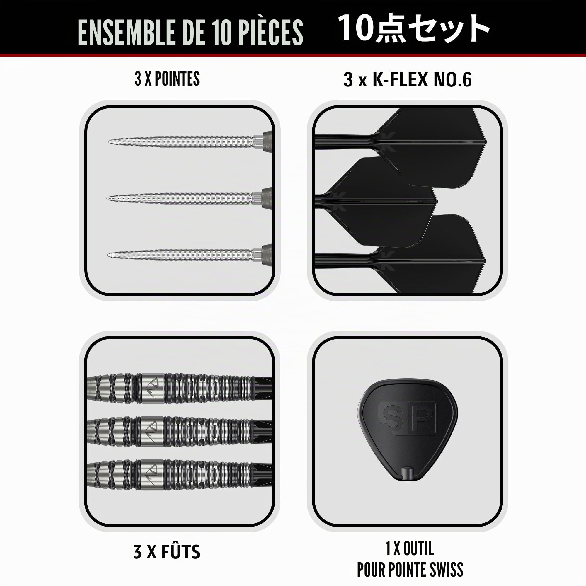 Target Japan Black Marque PW 2.0 Swiss Point à Pointe en Acier Fléchettes avec Kflex, 22G/24G | Jeu de Fléchettes 90% Tungstène, Ailettes et Tiges K-Flex, Swiss Nano Points Outil, Joueur Tan Phuay Wei