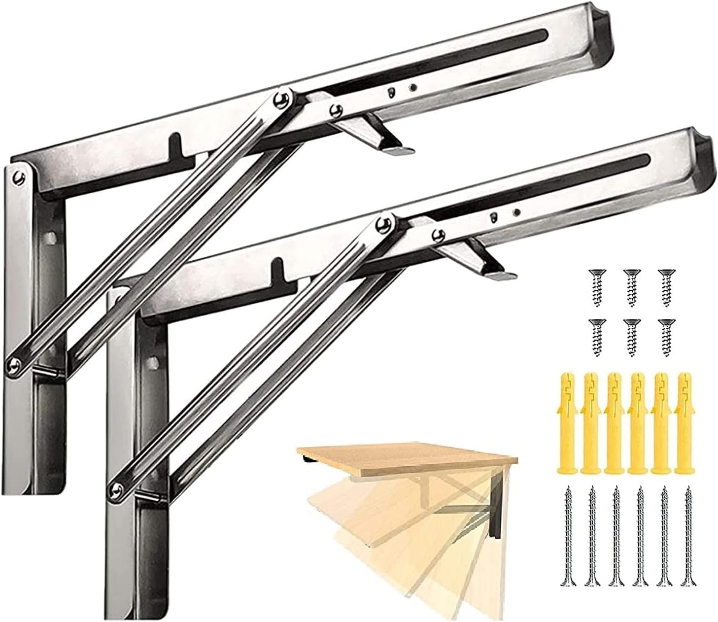 TOMVAES 12 Inch Folding Shelf Brackets, Pack of 2, Wall Mounted Triangle Bracket, Heavy Duty Stainless Steel Collapsible Shelf Bracket for for Shelf and Table Work Bench, Space Saving DIY Bracket