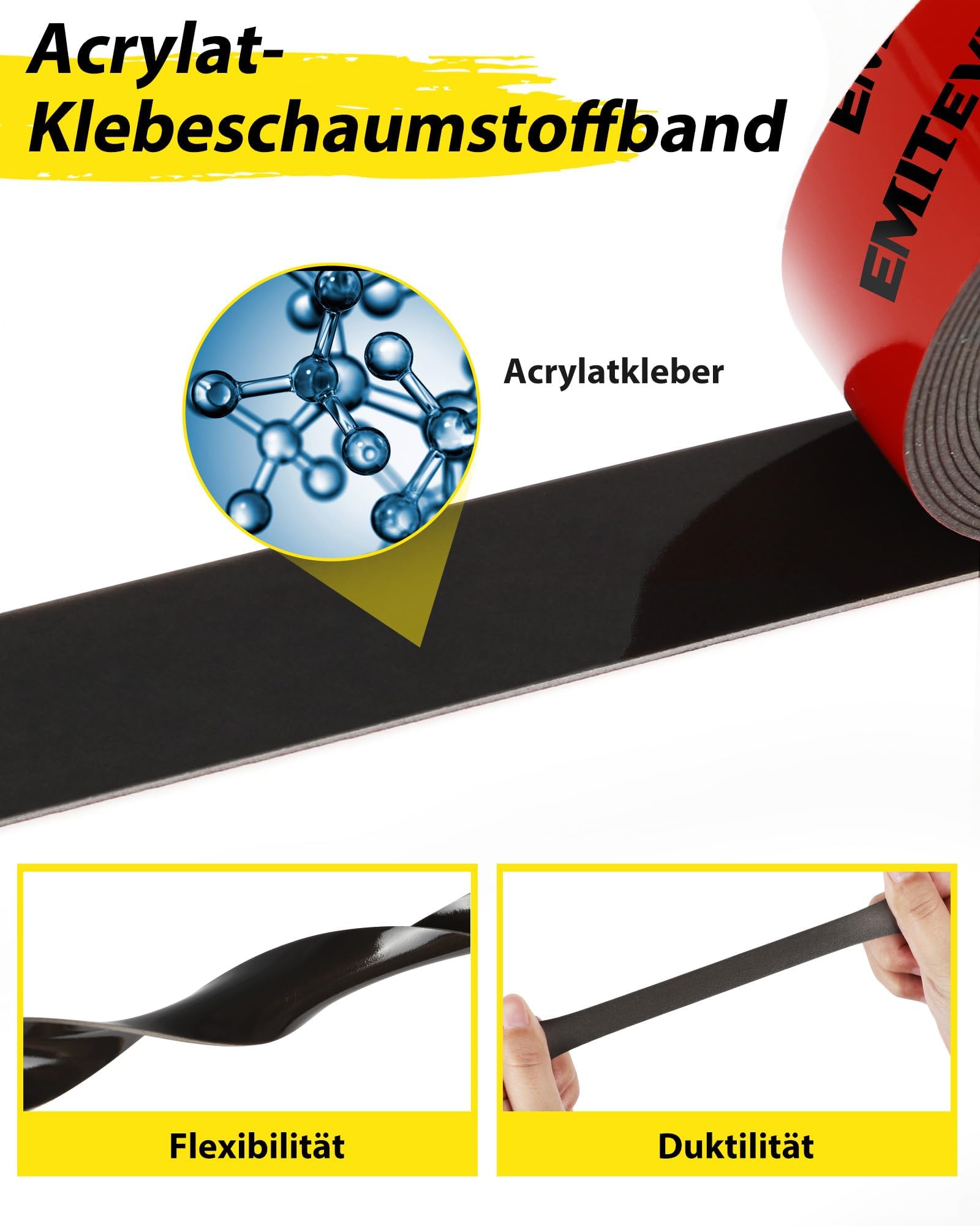 Emitever Dwustronna Taśma Klejąca - 5 m x 25 mm, ekstra mocna, wodoszczelna, wielofunkcyjna taśma klejąca do montażu na ścianie i taśmach LED, do samochodu, mieszkania, biura i na zewnątrz
