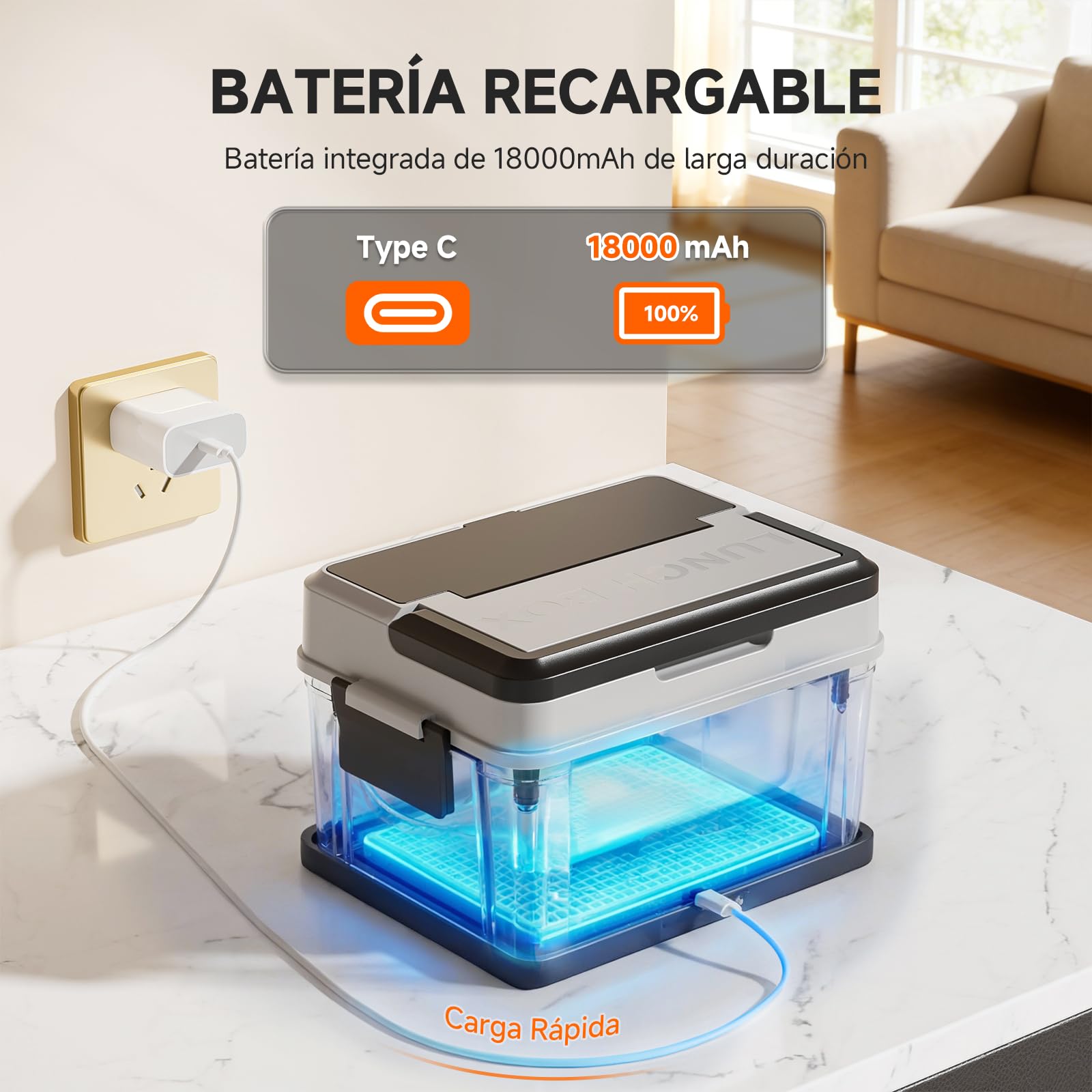 AMZCHEF Fiambrera eléctrica batería 18.000 mAh – fiambreras comida trabajo 1,5 L con calentamiento 5 caras, temporizador y función mantener calor, carga rápida USB-C para oficina, coche y obras