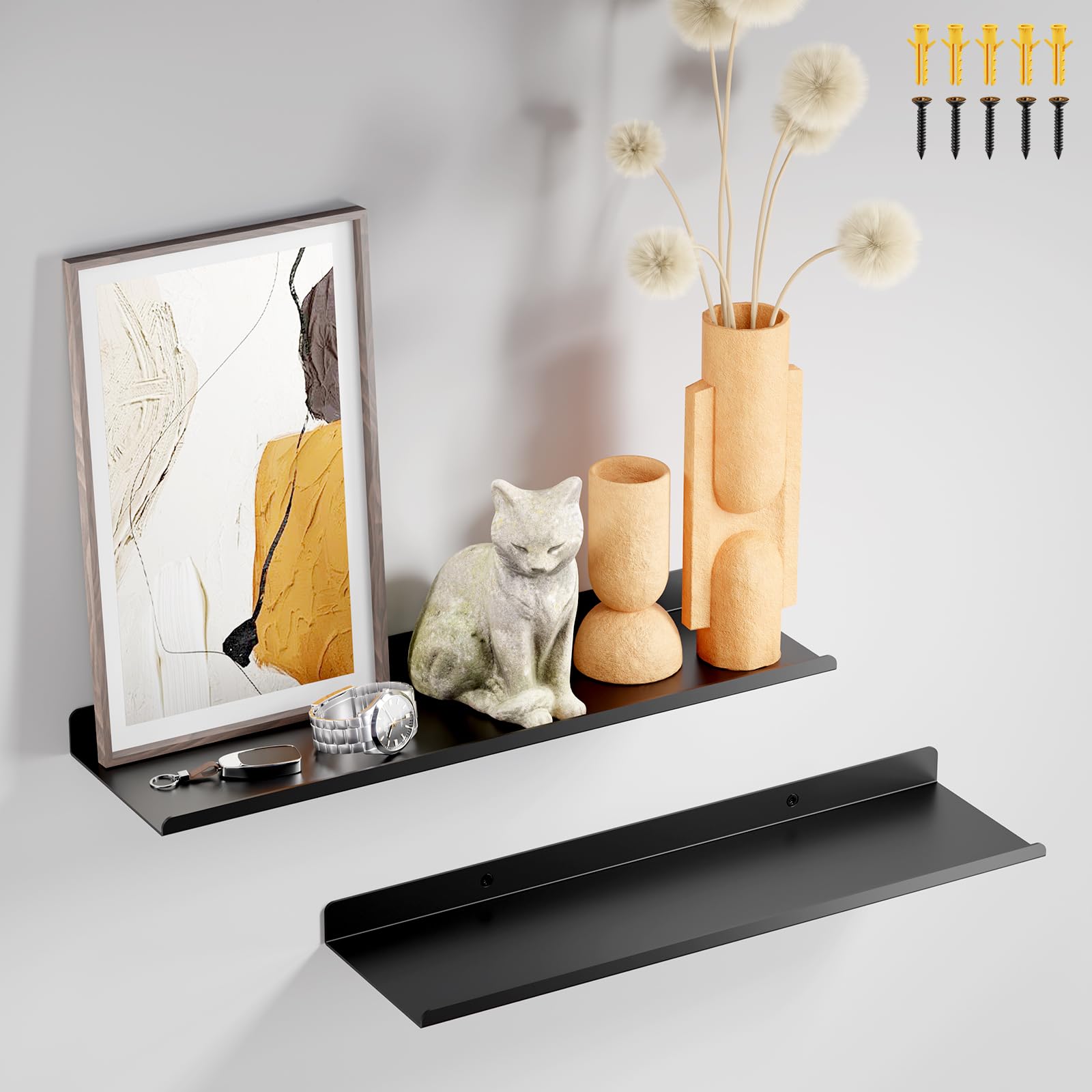 PAVSTINE Set of 2 Metal Floating Wall Shelf, 40cm Vinyl Display Shelves, 10kg Load Capacity, Picture Ledge Shelf for Living Room, Bedroom, Kitchen Wall Storage, Black