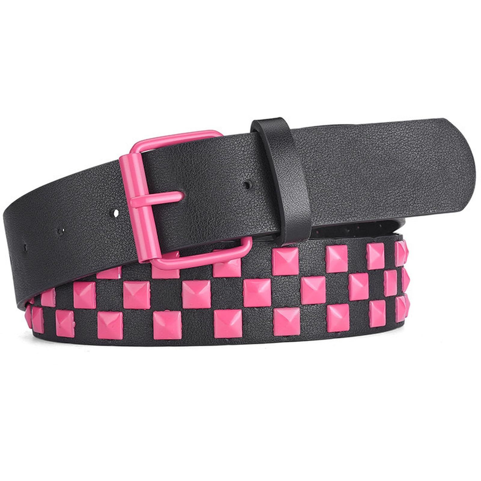 AGUTALITHIC Studded Belts, Punk Rock Goth PU-Leather Strap with Bright Pyramid Square Rivets & Roller Metal Buckle for Women(110cm/43, Pink)