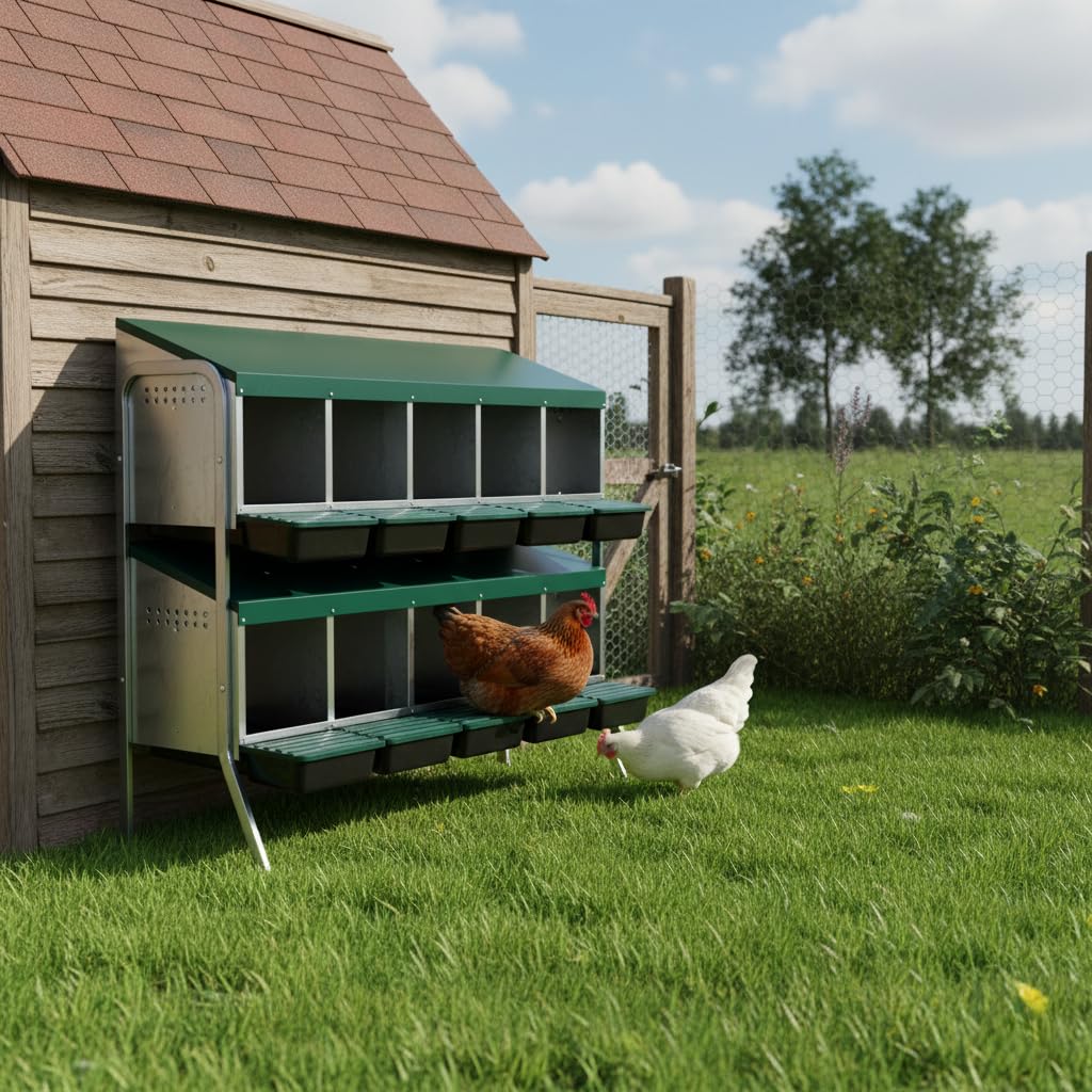 Agrarzone Nido per galline ovaiole a 2 piani - 10 scompartimenti, Salvaspazio con raccolta uova esterna, Robusto e durevole in metallo zincato - Ideale per grandi allevamenti