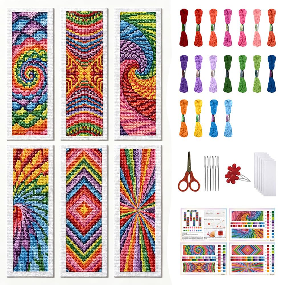 FREEBLOSS 6 Set Cross Stitch Bookmark Kits Radial Pattern 8x2.4'' 11CT | Stamped Embroidery Kit Stitch Bookmarks DIY Book Marks Printed Cross Stitch Kits with Instructions for Beginners Adults