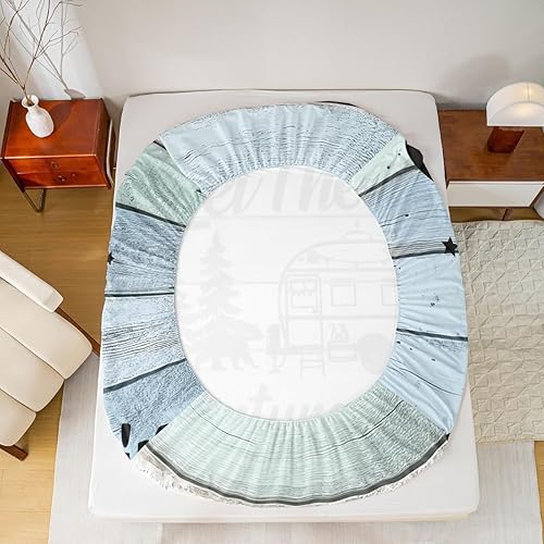 Miniatura 4 de Sábanas bajeras de campamento Happy Camping, juegos de ropa de cama a rayas coloridas tamaño matrimonial con temática de aventura de bosque, sábanas