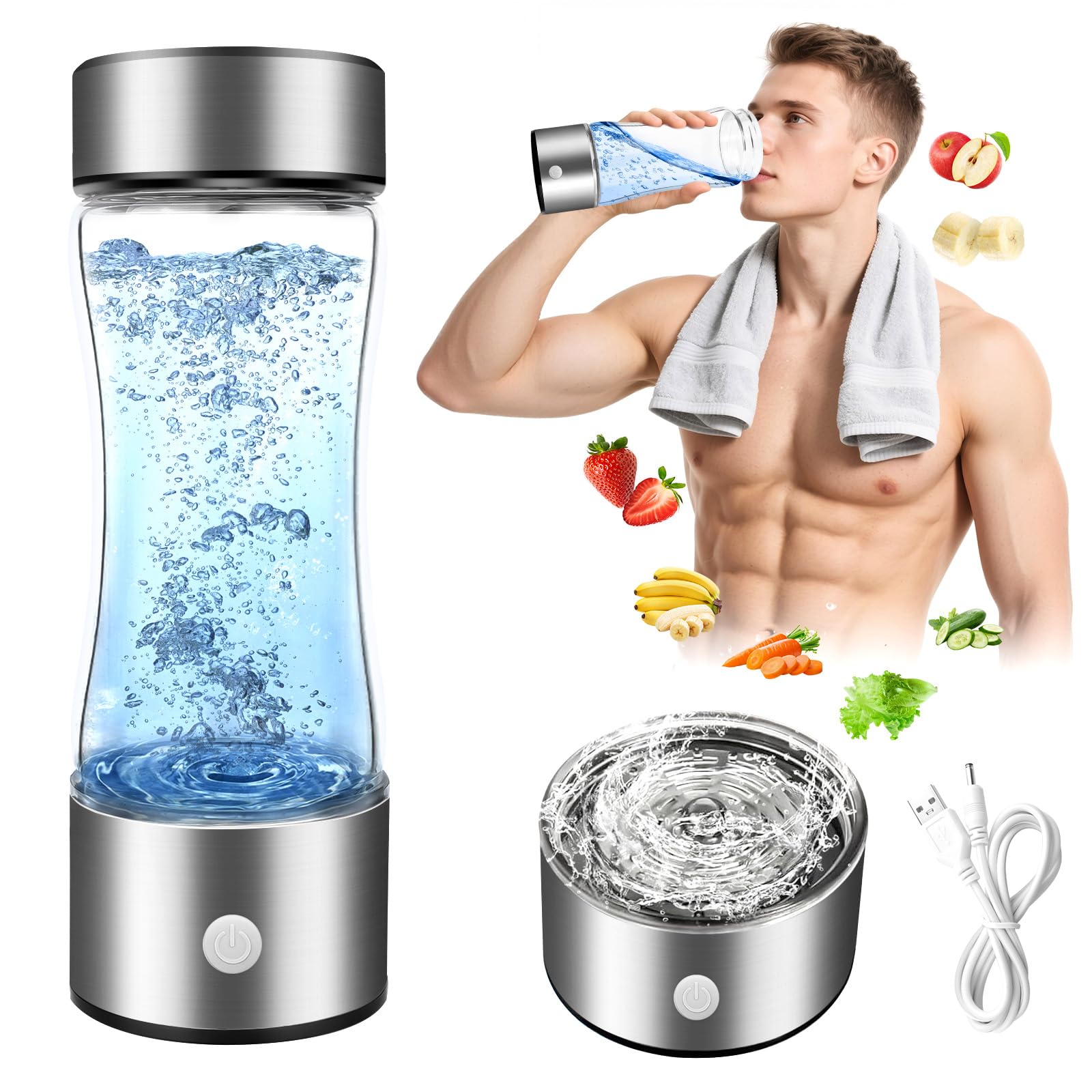 Hydrogen Water Bottle 420ML, 3-Min Hydrogen Water Generator with USB Rechargeable Battery, SPE Tech Electrolysis, Portable Hydro Bottle for Home Office Gym Travel