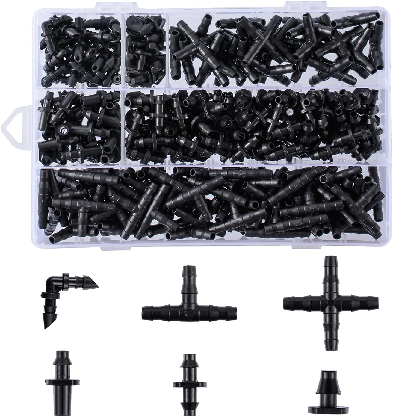 280Pcs Barbed Connectors Irrigation Fittings Kit,Drip Irrigation Barbed Connectors 0.25In Tubing Fittings Kit for Flower Pot Garden Lawn(Straight Barbs,Single Barbs,Tees,Elbows,End Plug,4Way Coupling)
