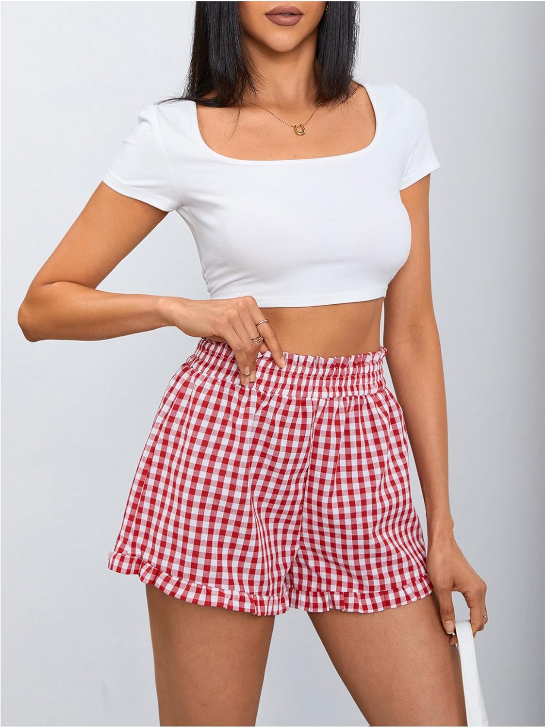 MakeMeChic Women's Gingham Ruffle Lounge Shorts Elastic High Waist Pajamas Boxer Shorts - Image 5