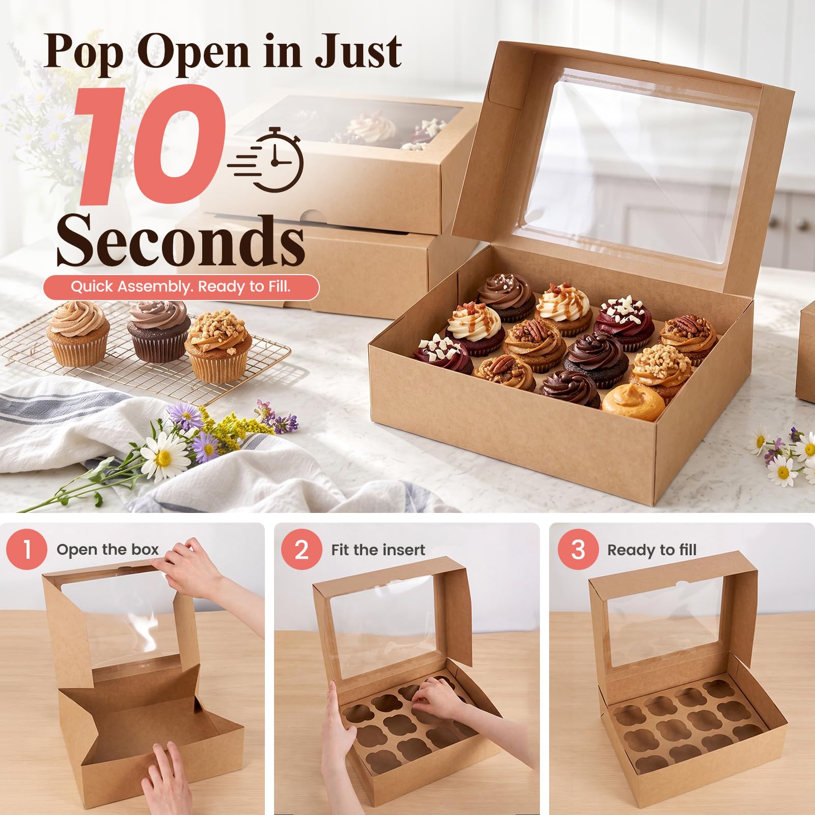 VGOODALL Auto Pop-Up Kraft Cupcake Boxes with Window, 3 Pack 12 Count