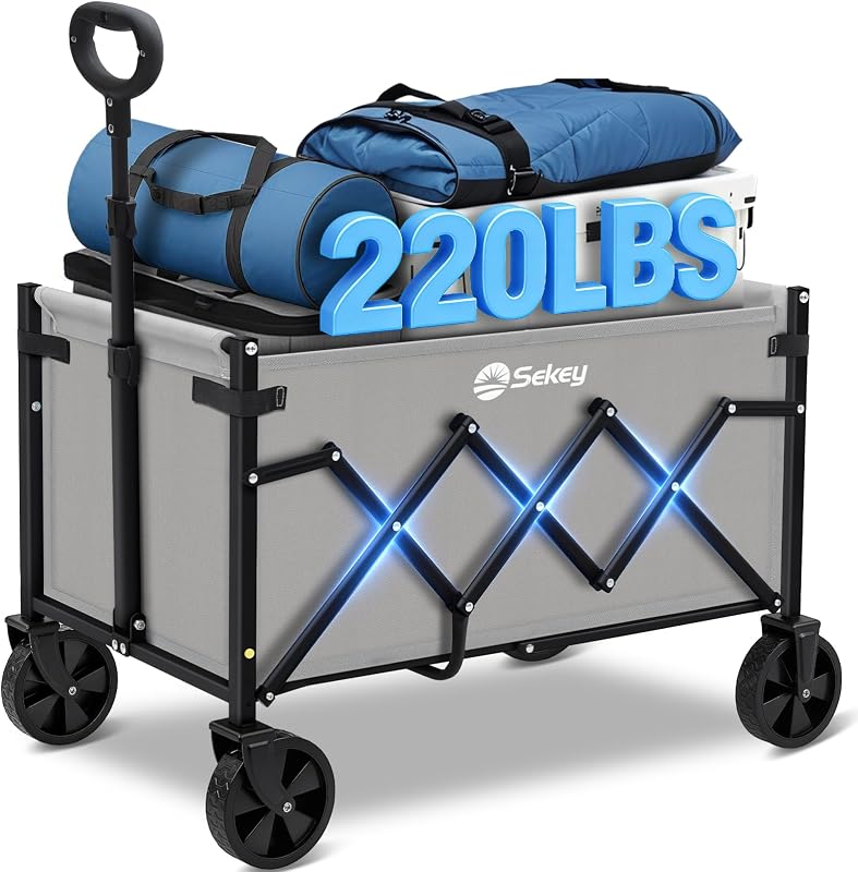 Carro de vagón Sekey con ruedas con capacidad de 220 libras, carros de vagón de servicio pesado plegables, carro portátil utilitario liviano para comestibles, compras, jardín, camping. Gris