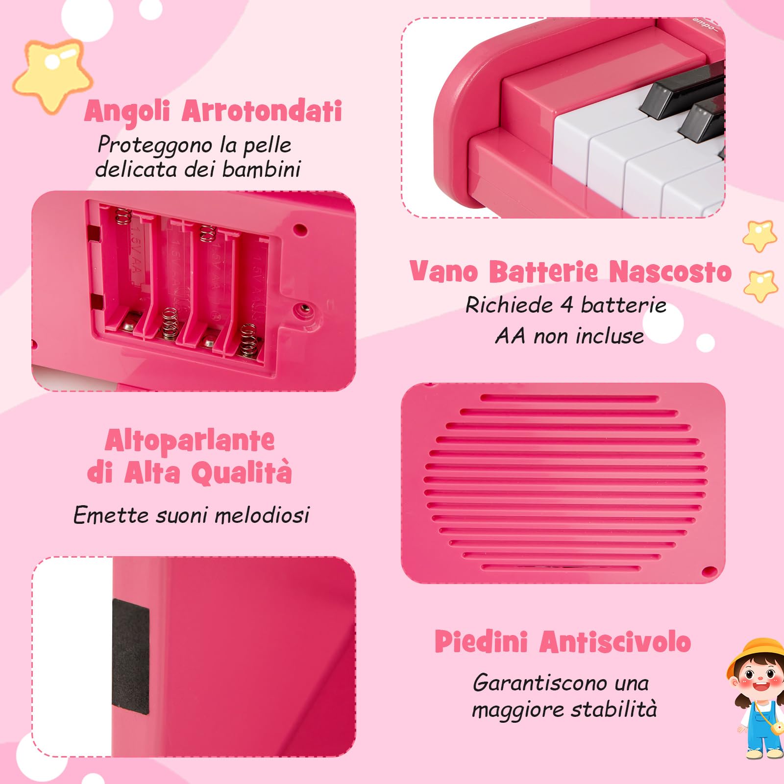 RELAX4LIFE Pianoforte per Bambini con 25 Tasti con Tasti Illuminati, Modalità Insegnamento,Portaspartiti, Funzione Registra/Riproduci, 6 Strumenti e 8 Percussioni (ROSA)