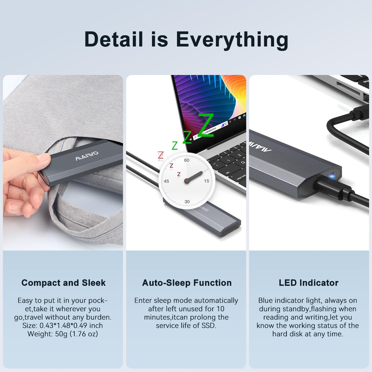 Carcasa SSD M.2 NVMe, USB 3.1 Gen 2 (10 Gbps) Lector NVMe externo PCIe de aluminio para SSD M-Key 2230/2242/2260/2280 de hasta 8 TB, compatible con UASP, sin herramientas 6