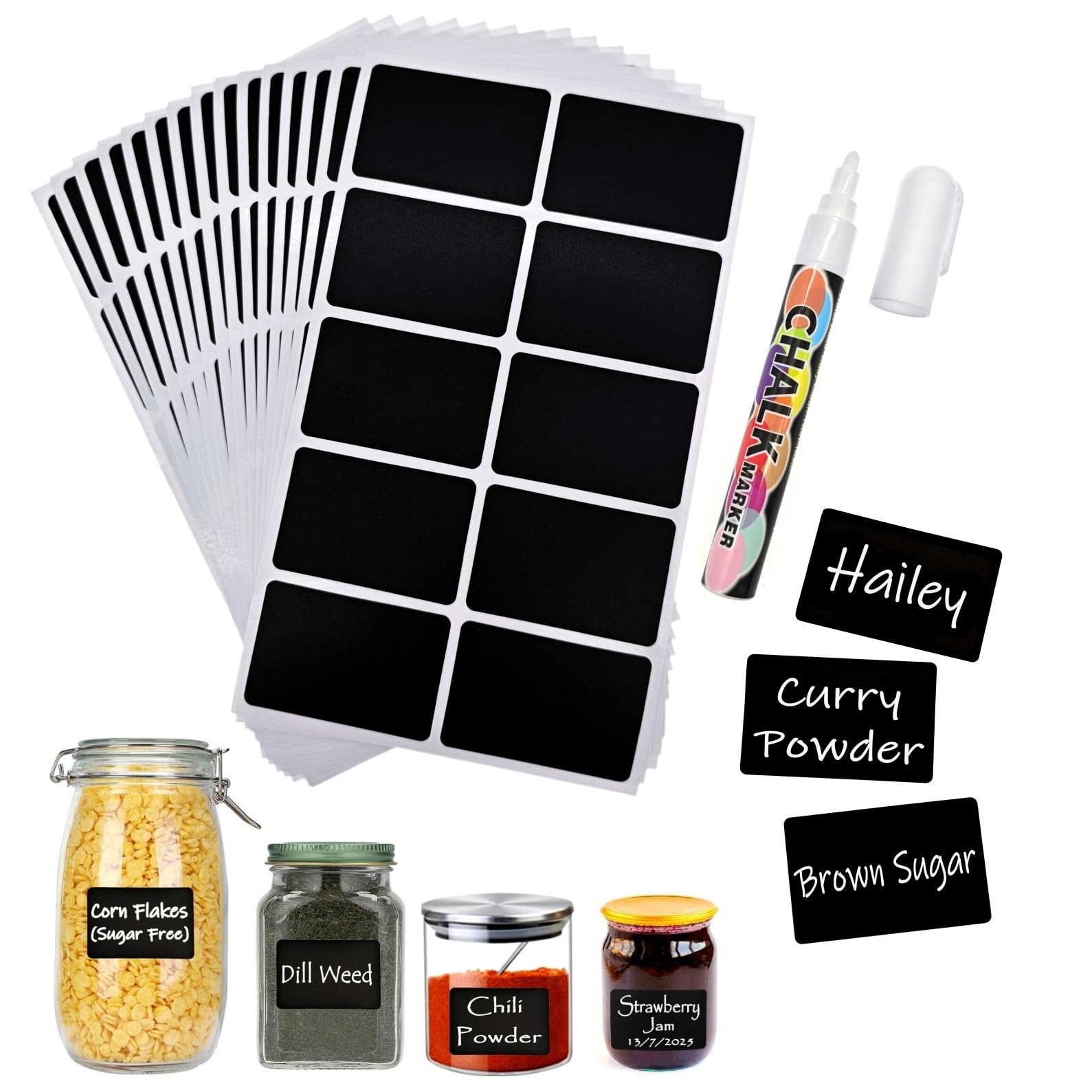 JZK 150Pcs 6x4cm Retangular Black Plastic Sticky Labels for Jars, Reusable Waterproof Pantry Labels for Spice/herb/Tea/Coffee, self Adhesive Stickers for Storage Boxes/Bottles, with White Chalk Pen